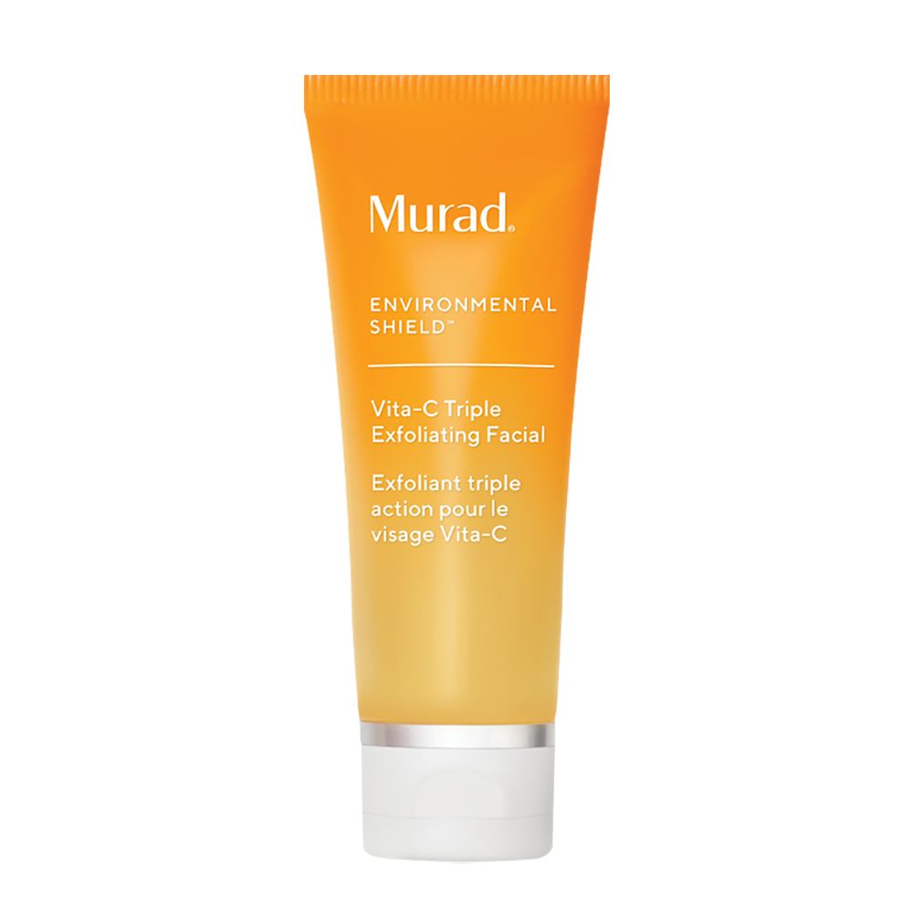 Tubo arancione con tappo bianco. Scritta: Murad, Environmental Shield, Vita-C Triple Exfoliating Facial.