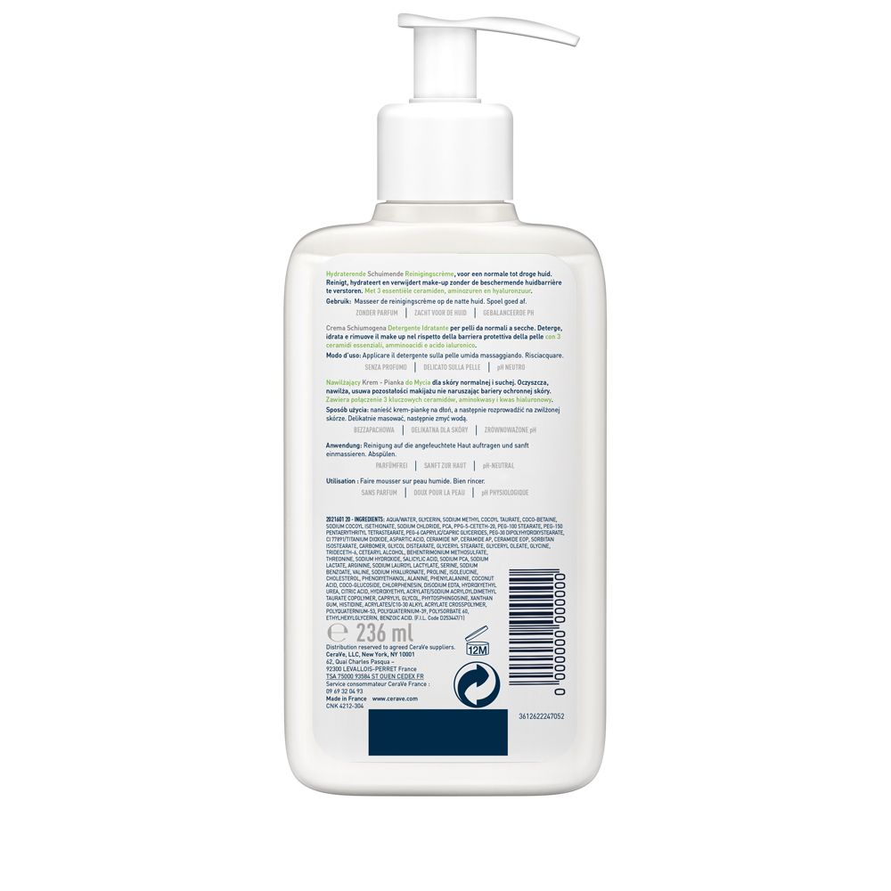 Retro del flacone bianco con erogatore. Testo e ingredienti.