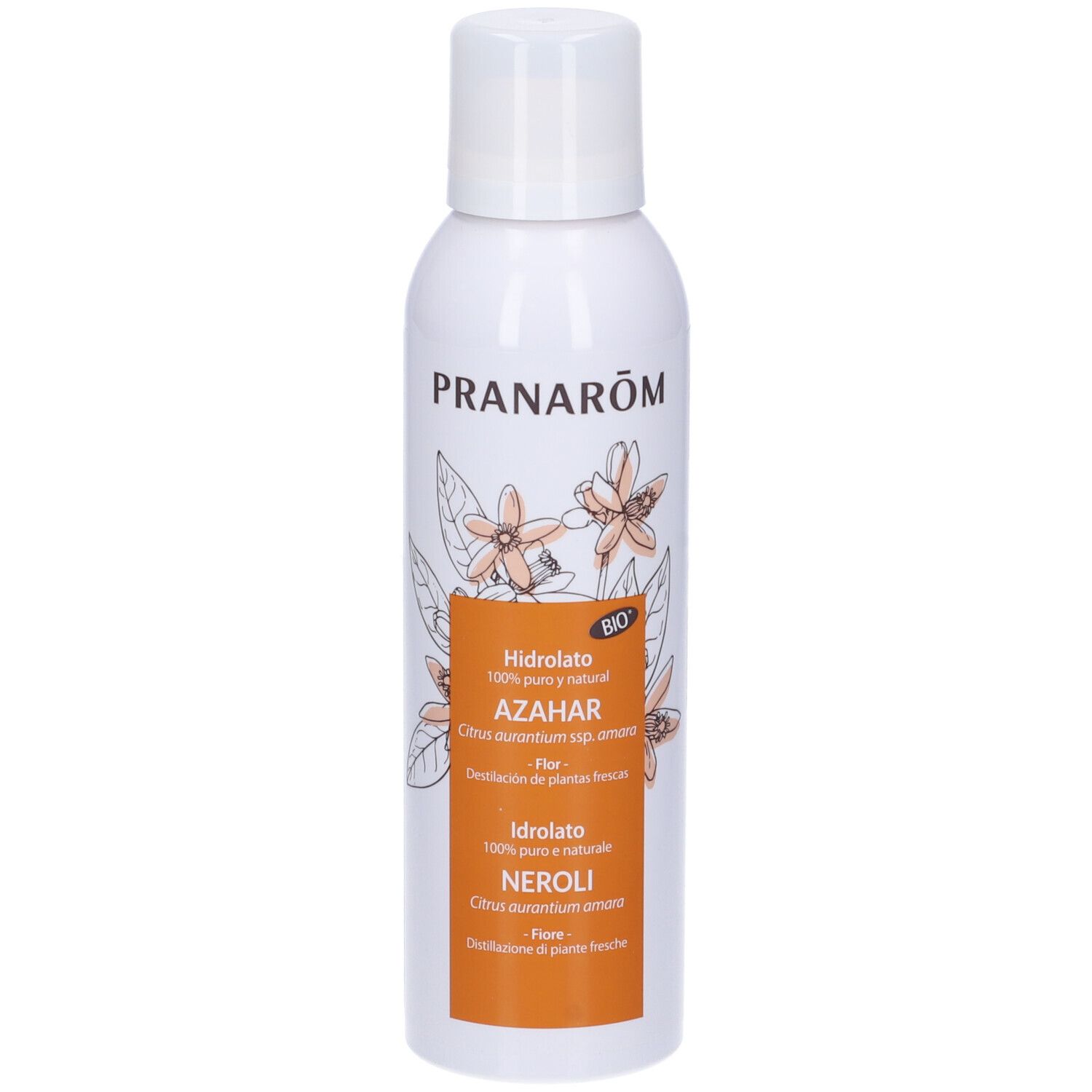 Spray bianco con tappo bianco. Scritta: PRANAROM, Idrolato Azahar, Neroli. Sfondo arancione con motivo floreale.