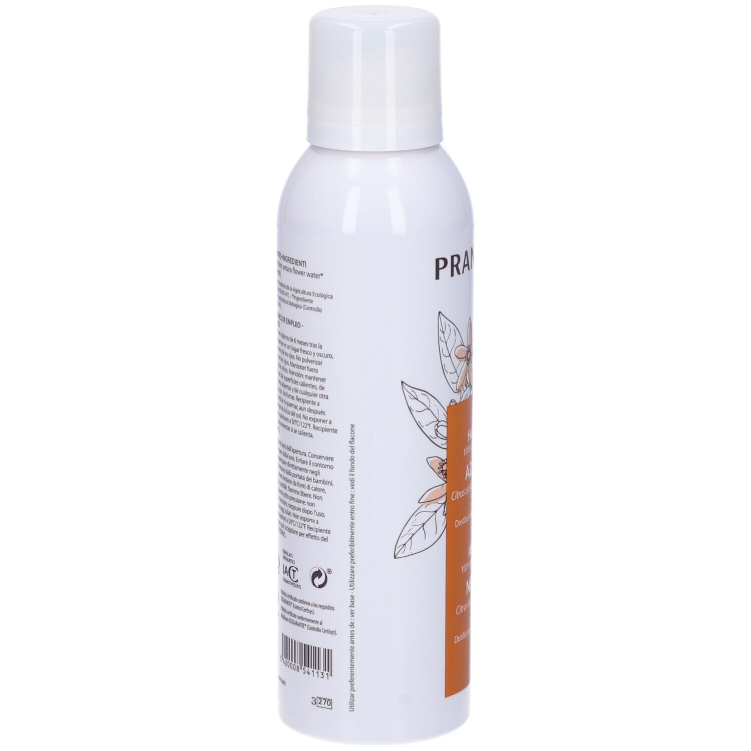 Spray bianco con tappo bianco. Retro con testo e loghi. Etichetta arancione con motivo floreale. Testo multilingue.