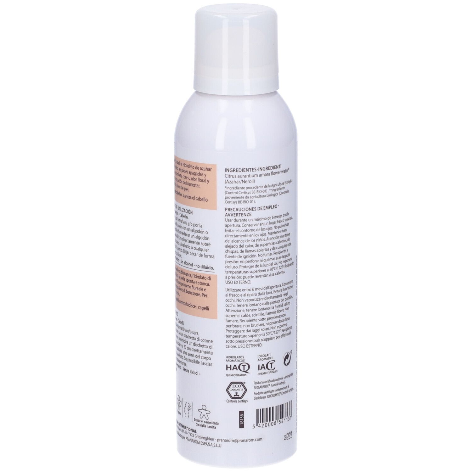 Spray bianco con tappo bianco. Retro con testo e loghi. Etichetta arancione con motivo floreale. Testo multilingue.
