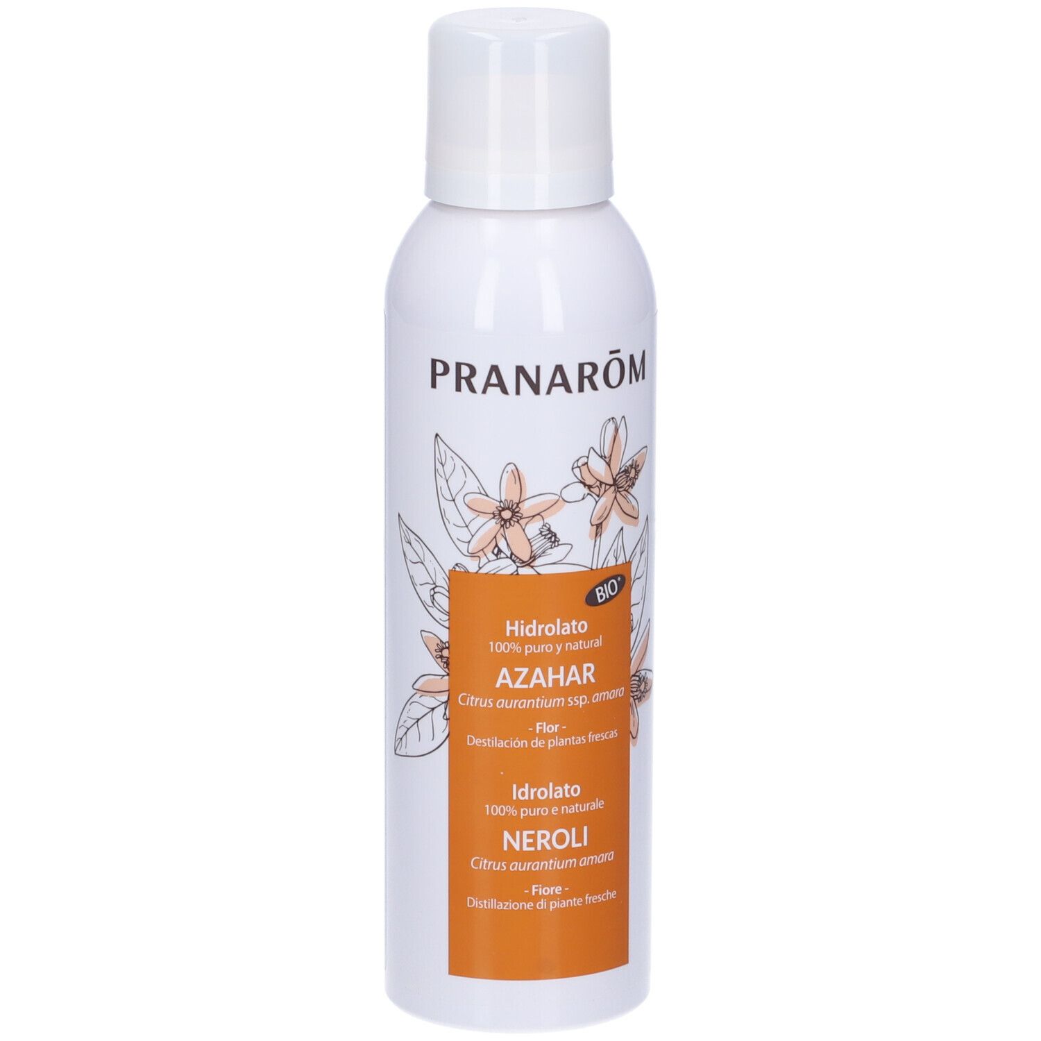 Spray bianco con tappo bianco. Scritta: PRANAROM, Idrolato Azahar, Neroli. Sfondo arancione con motivo floreale.