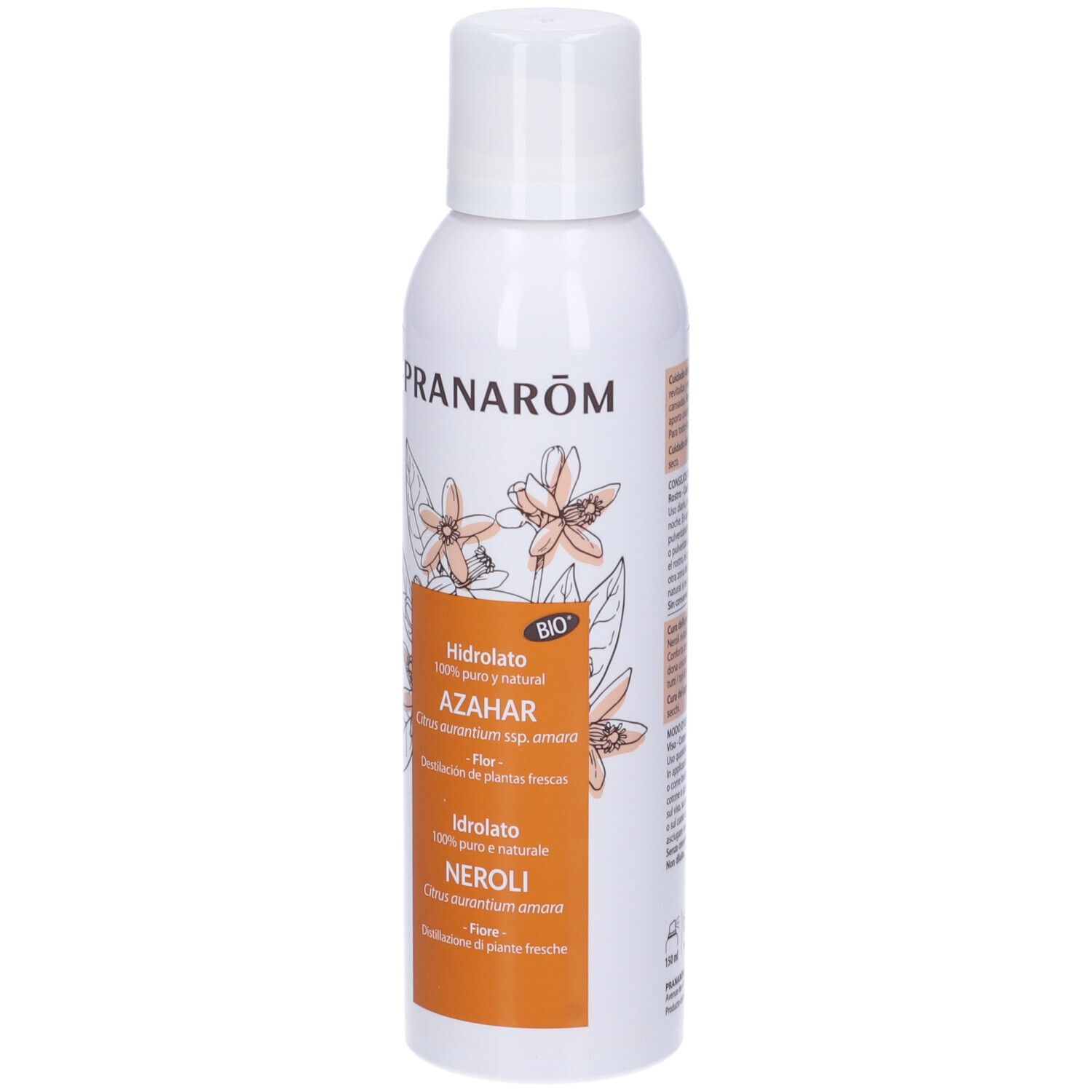 Spray bianco con tappo bianco. Scritta: PRANAROM, Idrolato Azahar, Neroli. Sfondo arancione con motivo floreale.