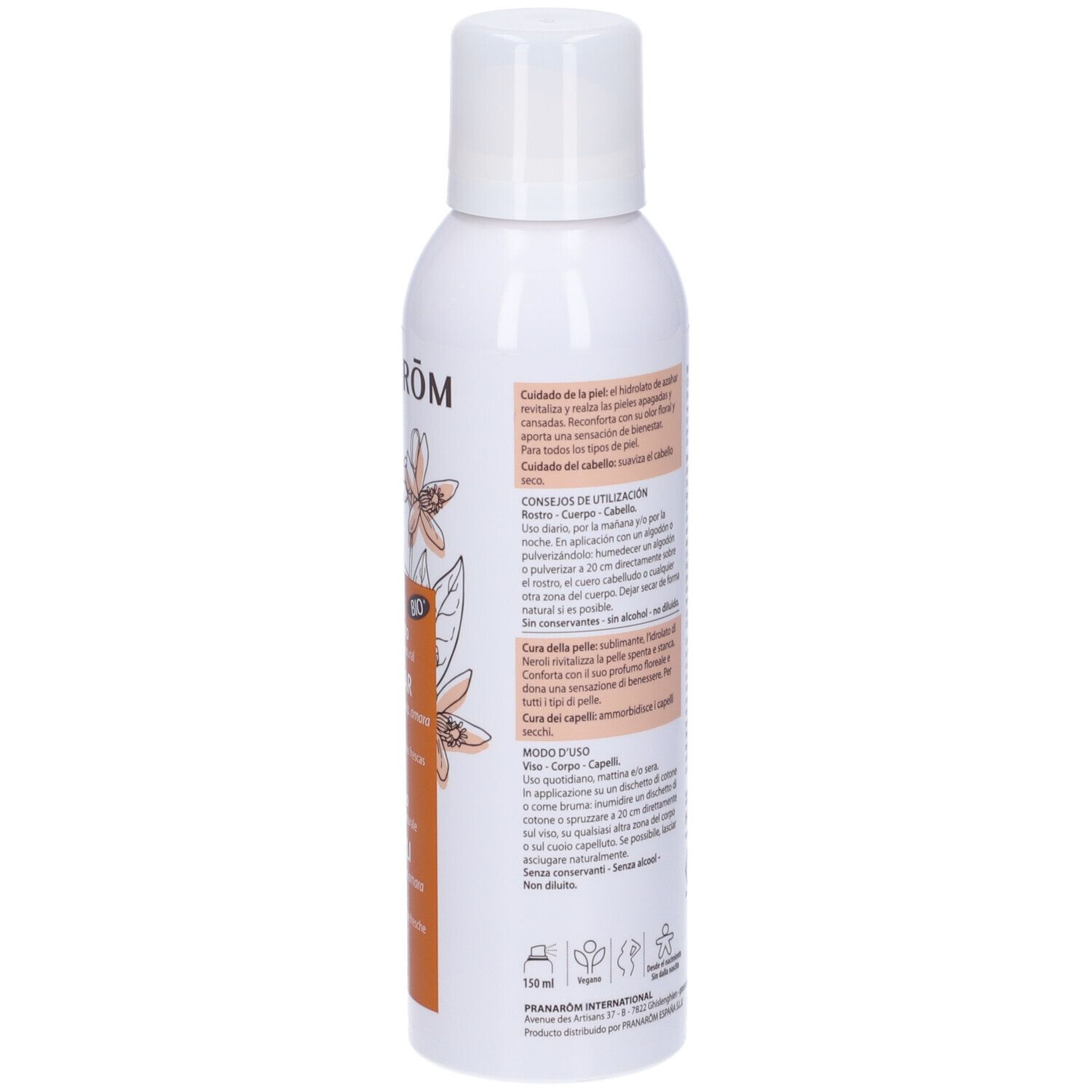 Spray bianco con tappo bianco. Retro con testo e loghi. Etichetta arancione con motivo floreale. Testo multilingue.