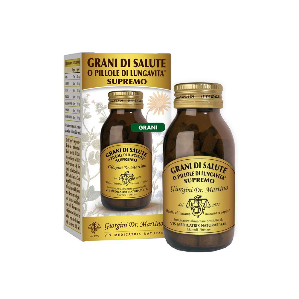 Due bottiglie di vetro marrone con etichette e tappi dorati. Scritta: Grani di Salute O Pillole di Lungavita Supremo.