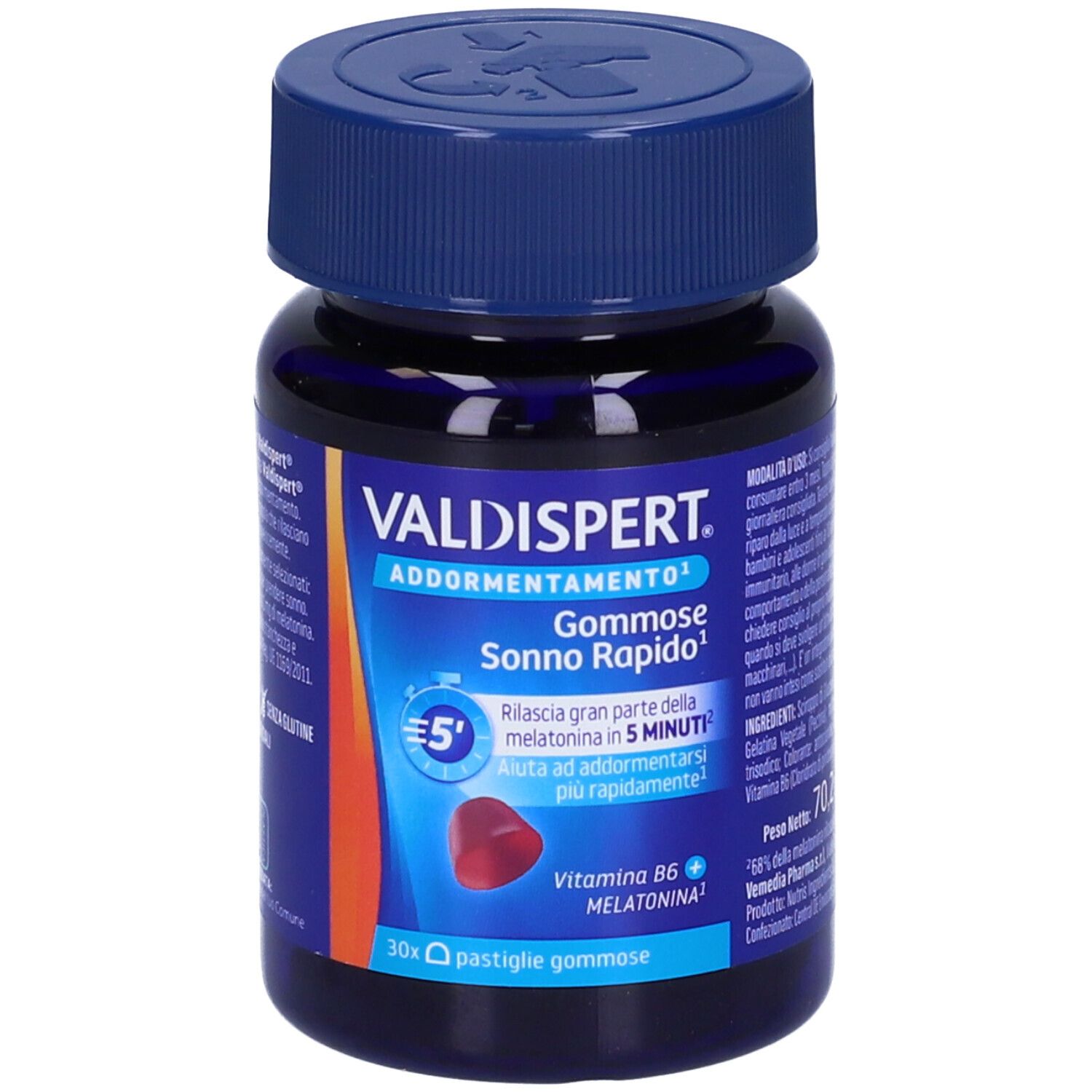 Flacone blu VALDISPERT® Gommose Sonno Rapido. Contiene melatonina e vitamina B6. 30 caramelle gommose. Caramelle rosse.