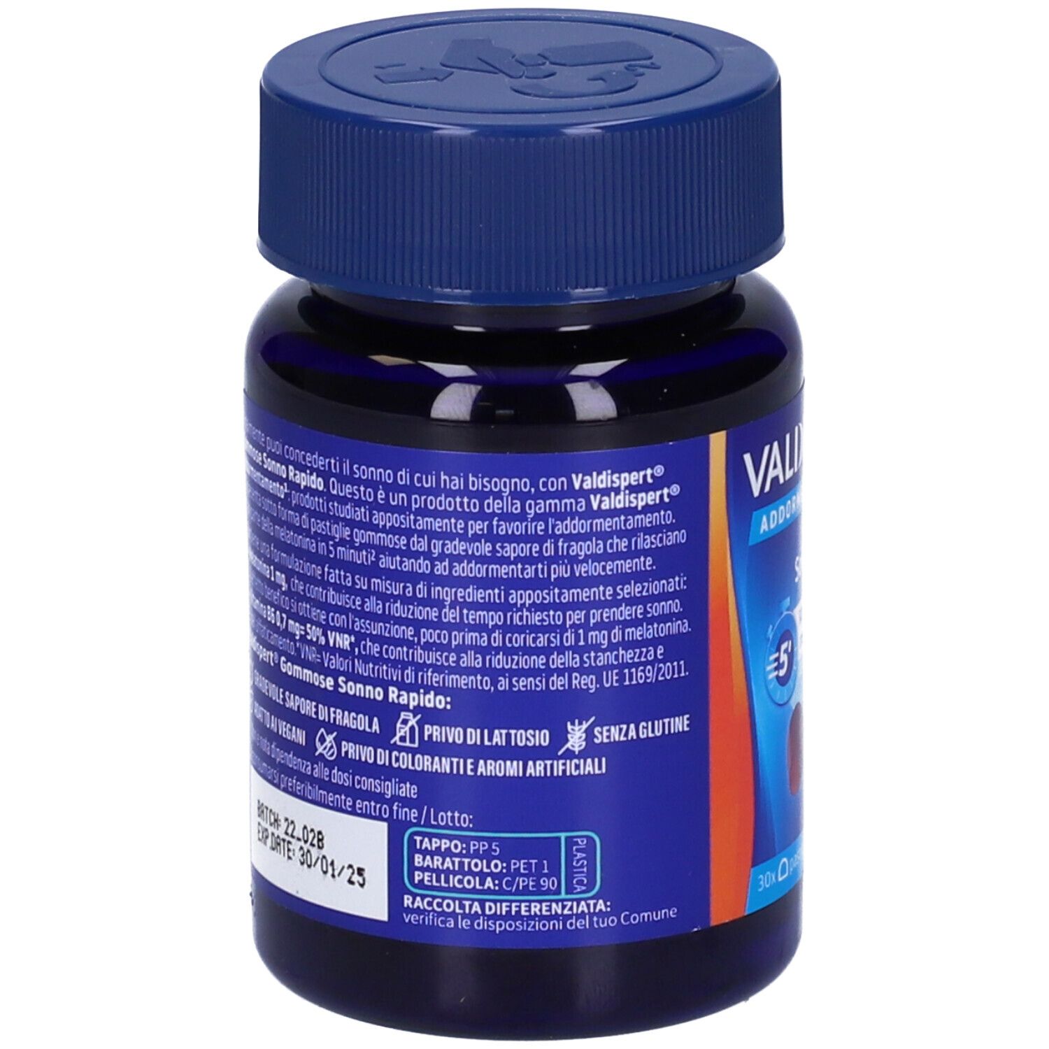 Retro del flacone blu VALDISPERT® Gommose Sonno Rapido. Testo su ingredienti, istruzioni per l'uso e durata.