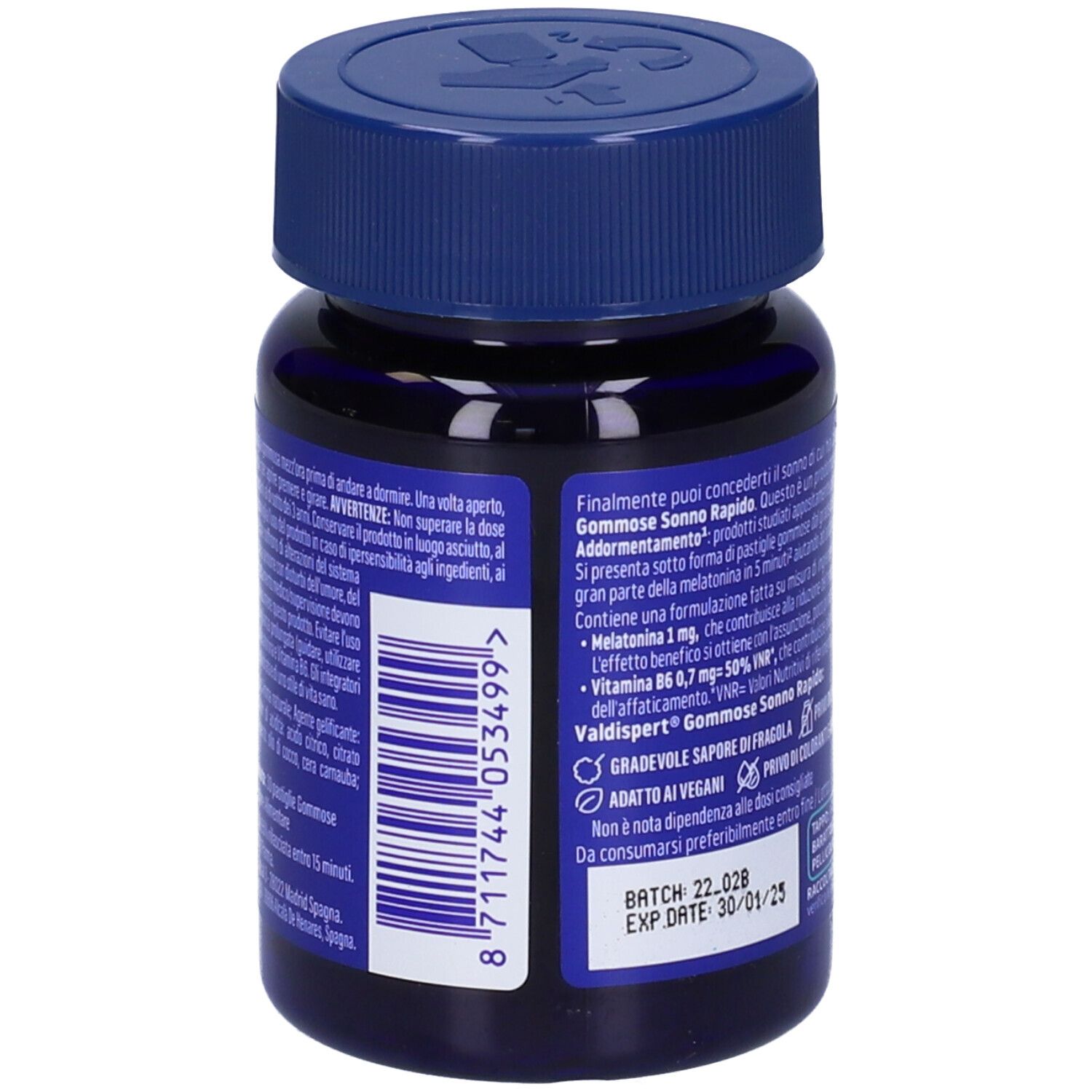 Retro del flacone blu VALDISPERT® Gommose Sonno Rapido. Testo su ingredienti, istruzioni per l'uso e durata.