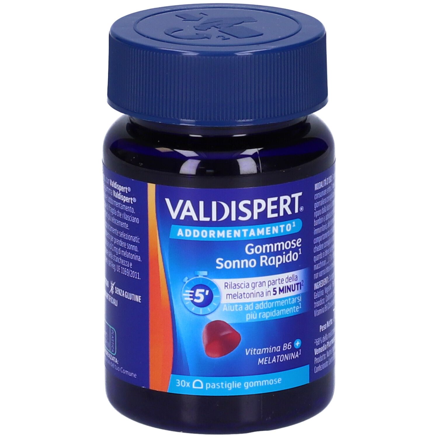 Flacone blu VALDISPERT® Gommose Sonno Rapido. Contiene melatonina e vitamina B6. 30 caramelle gommose. Caramelle rosse.