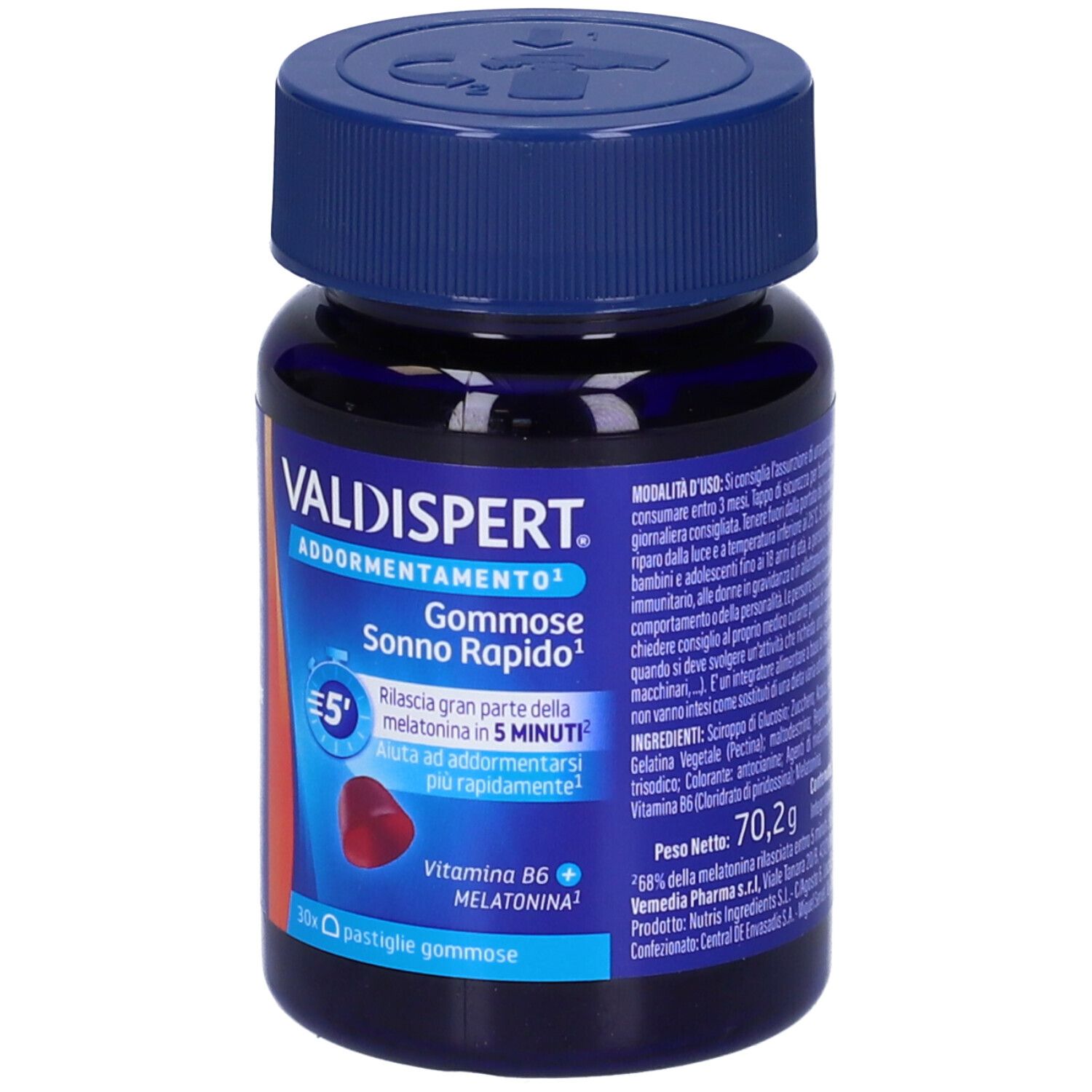 Flacone blu VALDISPERT® Gommose Sonno Rapido. Contiene melatonina e vitamina B6. 30 caramelle gommose. Caramelle rosse.
