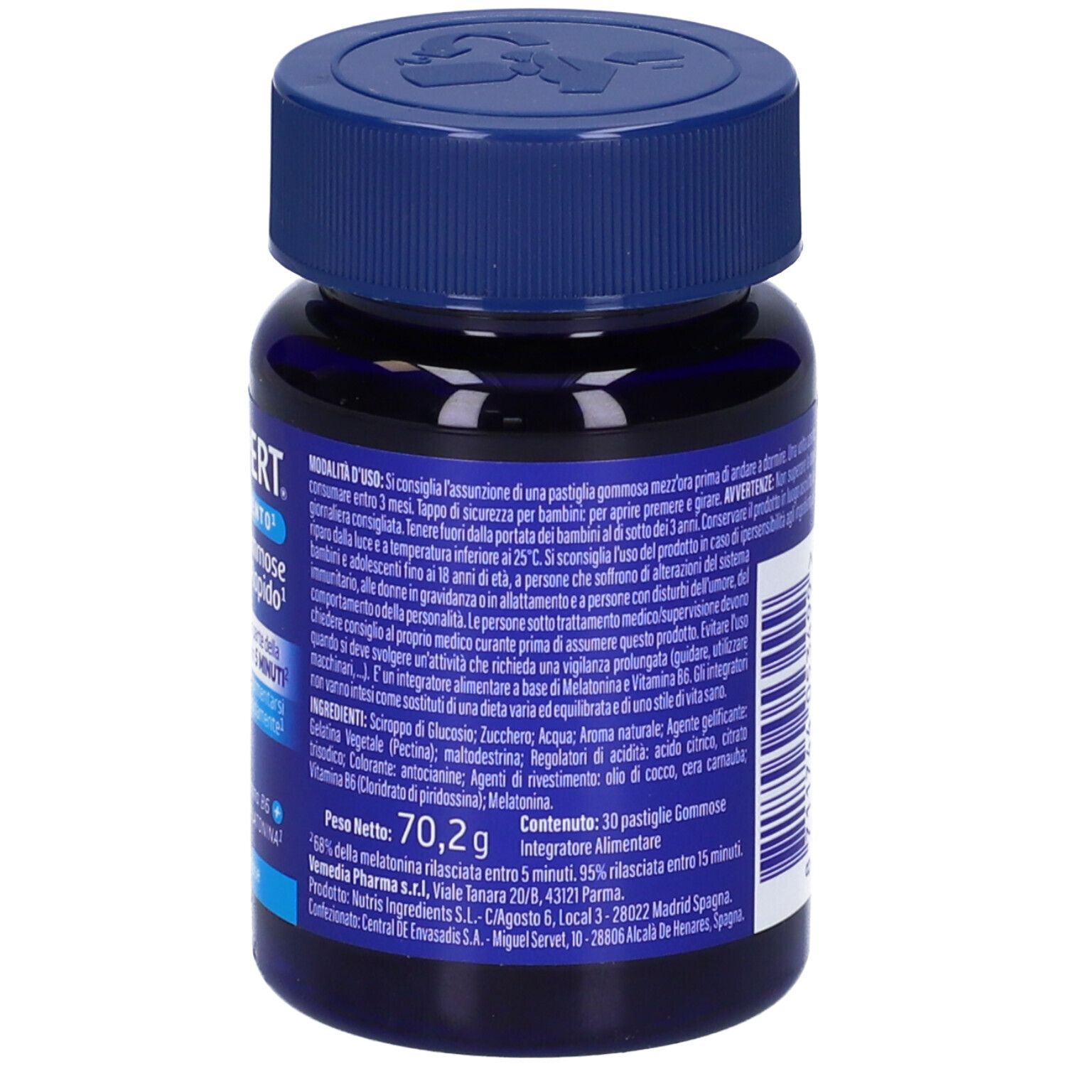 Retro del flacone blu VALDISPERT® Gommose Sonno Rapido. Testo su ingredienti, istruzioni per l'uso e durata.