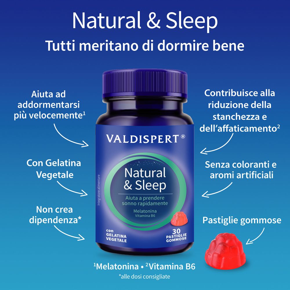 Flacone VALDISPERT® Natural & Sleep con testo e frecce. Contiene melatonina e vitamina B6. 30 caramelle gommose. Caramella rossa.