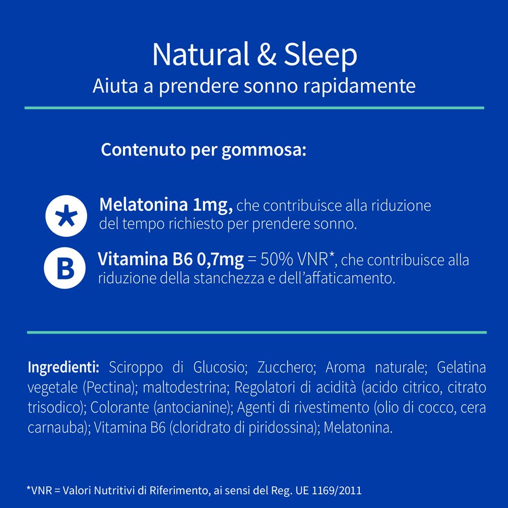 Testo su VALDISPERT® Natural & Sleep. Ingredienti: Melatonina 1mg, Vitamina B6 0,7mg. Ingredienti: Sciroppo di glucosio, zucchero, aroma, etc.