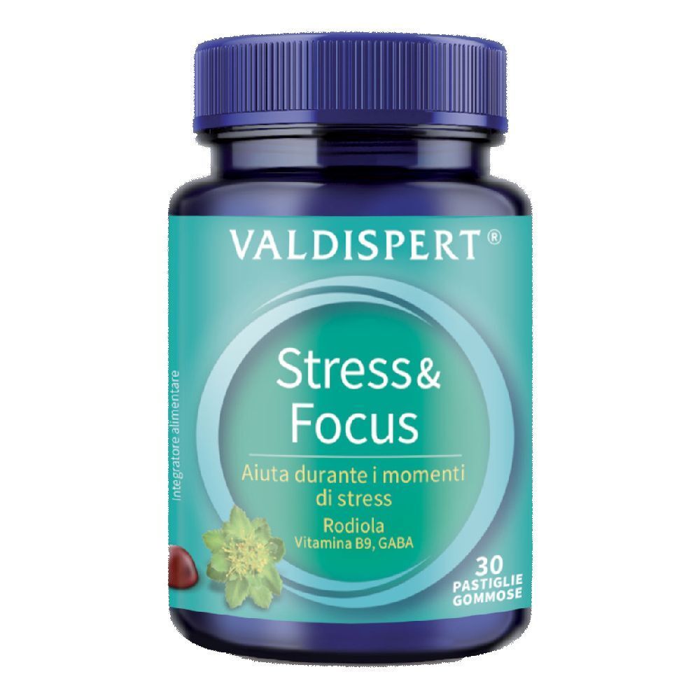 Flacone blu VALDISPERT® Stress & Focus. Scritta: Stress & Focus, 30 Pastiglie Gommose. Etichetta verde e bianca.