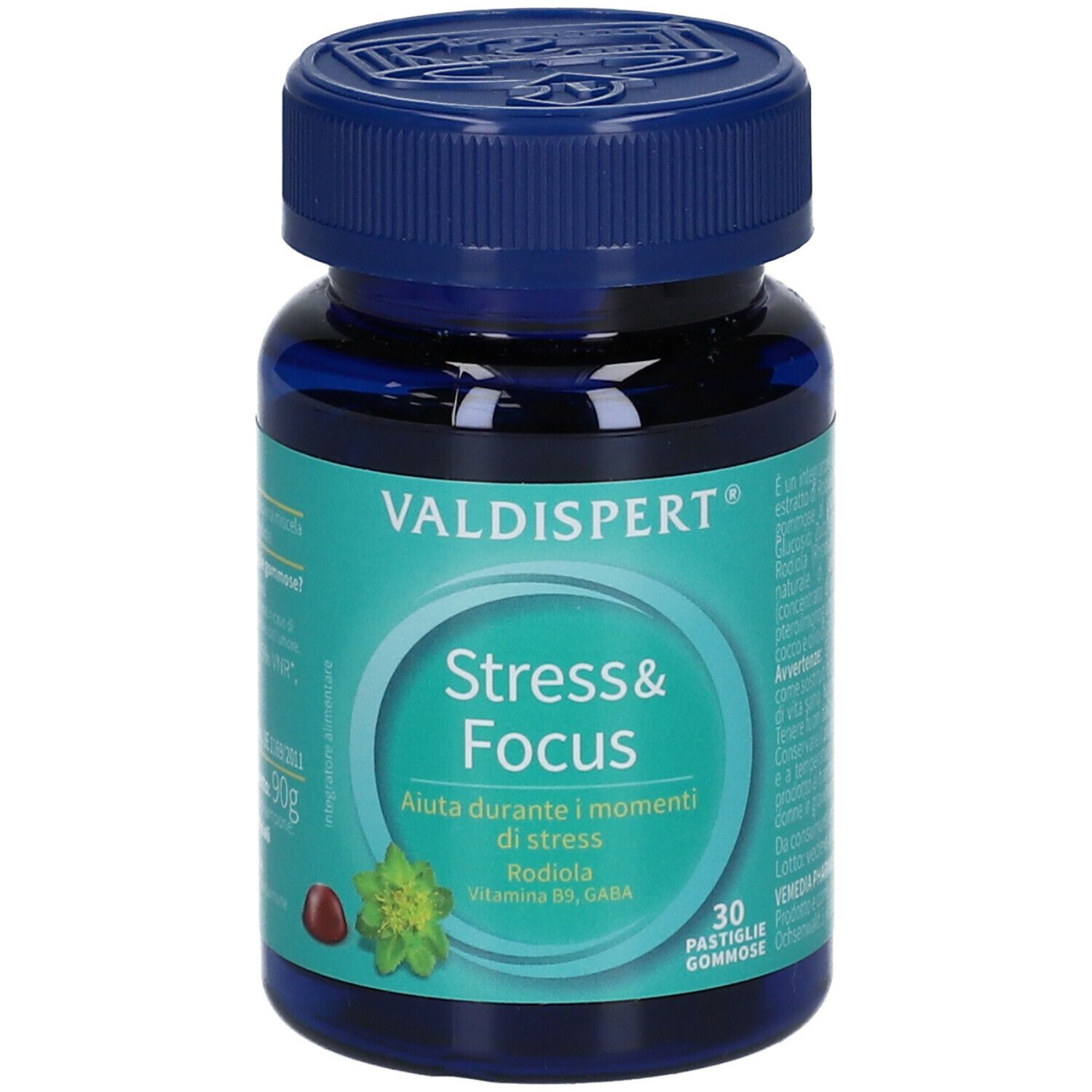 Flacone blu VALDISPERT® Stress & Focus. Scritta: Stress & Focus, 30 Pastiglie Gommose. Etichetta verde e bianca.