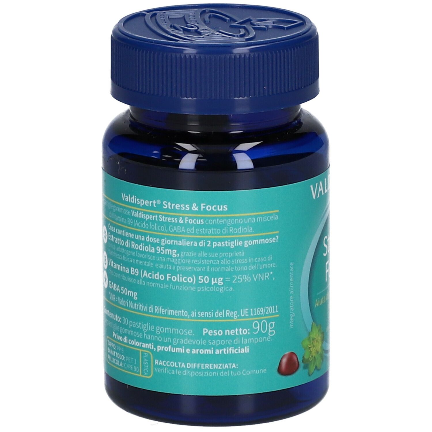 Retro del flacone VALDISPERT® Stress & Focus. Contiene informazioni su ingredienti, dosaggio e valori nutrizionali.