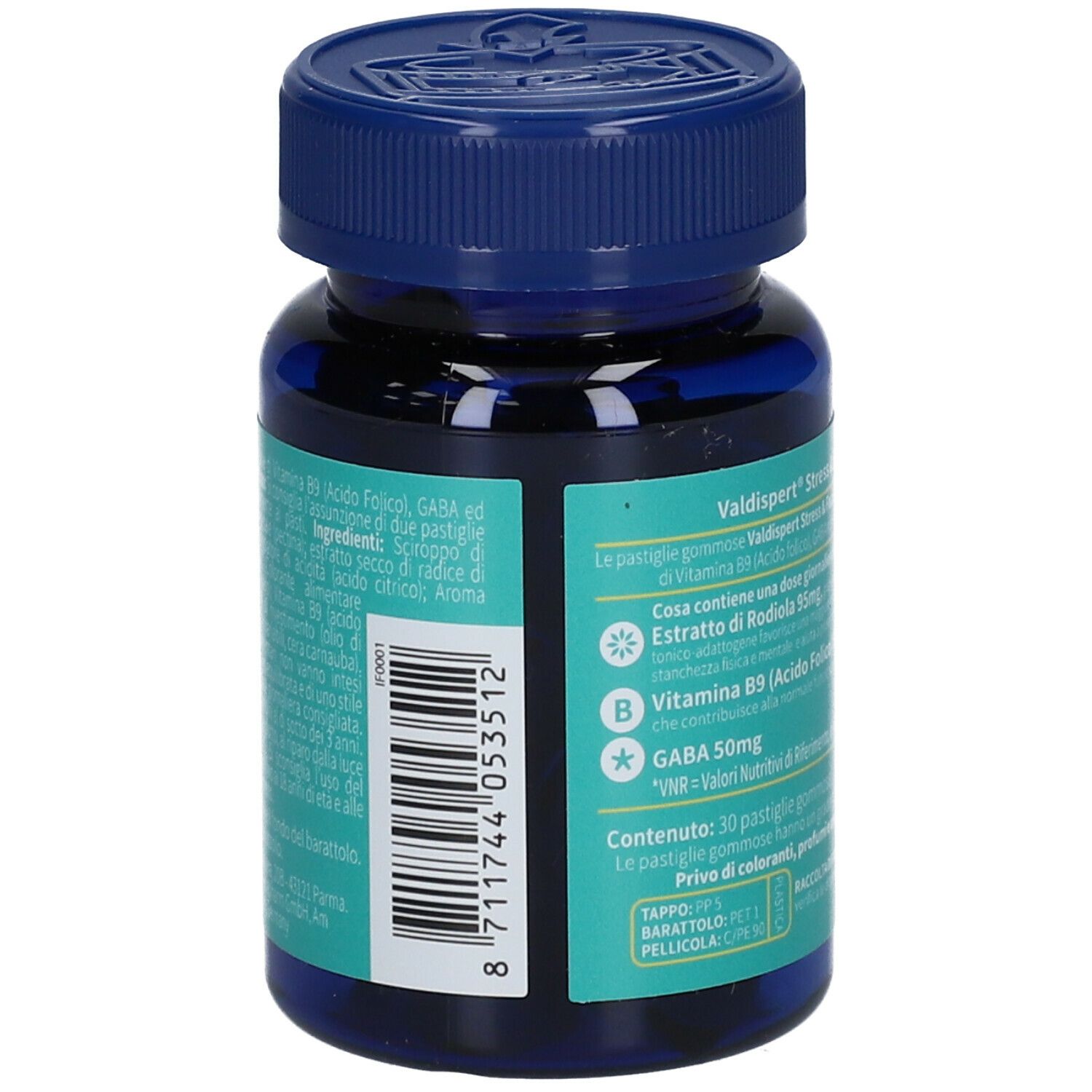 Retro del flacone VALDISPERT® Stress & Focus. Contiene informazioni su ingredienti, dosaggio e valori nutrizionali.