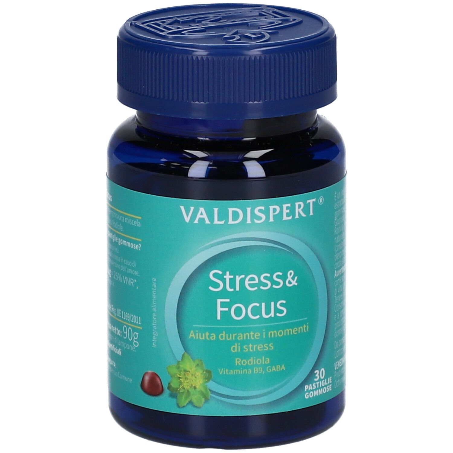 Flacone blu VALDISPERT® Stress & Focus. Scritta: Stress & Focus, 30 Pastiglie Gommose. Etichetta verde e bianca.