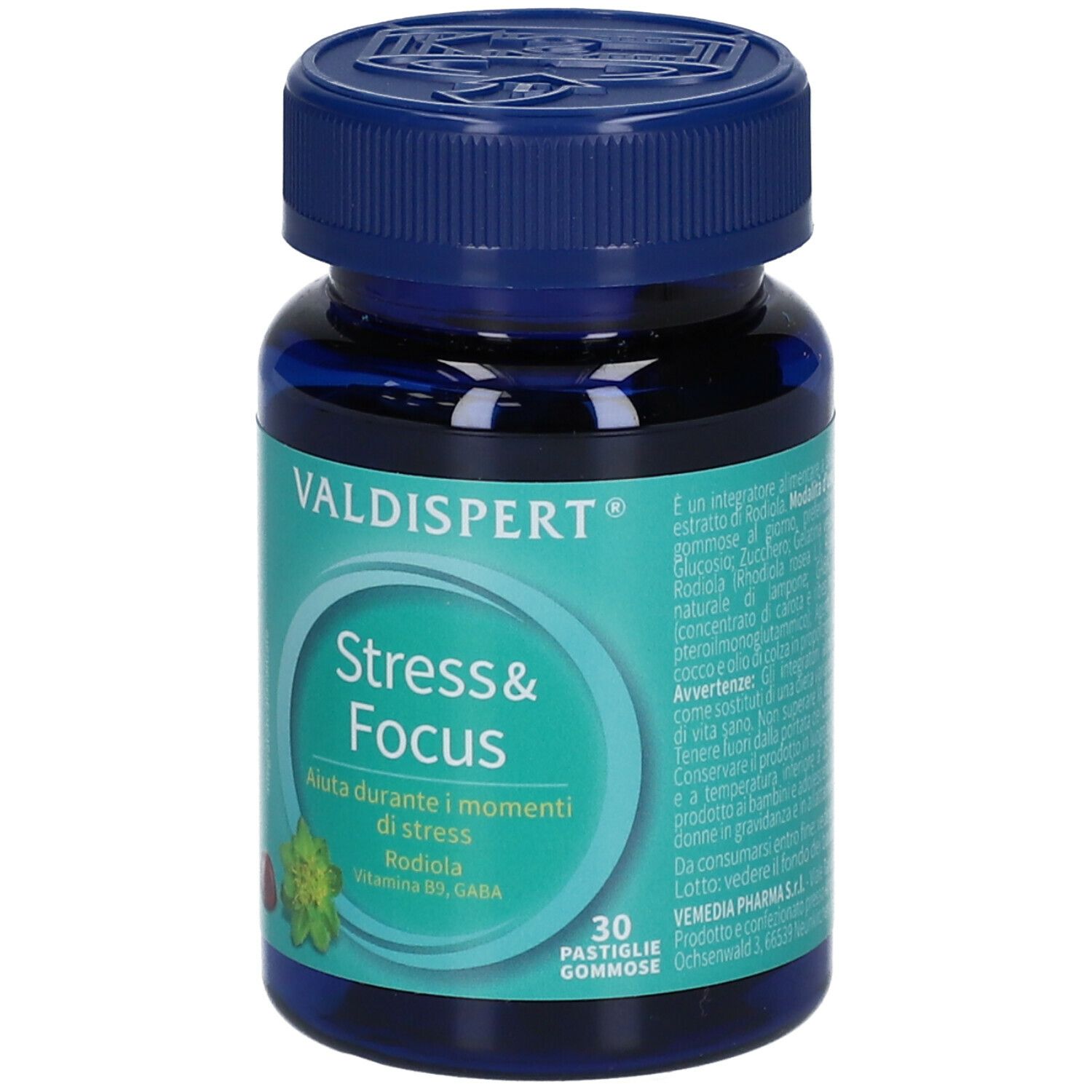 Flacone blu VALDISPERT® Stress & Focus. Scritta: Stress & Focus, 30 Pastiglie Gommose. Etichetta verde e bianca.