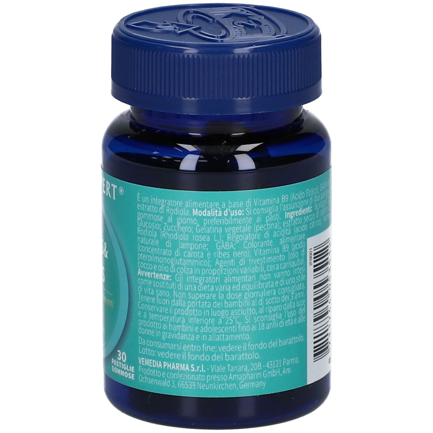 Retro del flacone VALDISPERT® Stress & Focus. Contiene informazioni su ingredienti, dosaggio e valori nutrizionali.