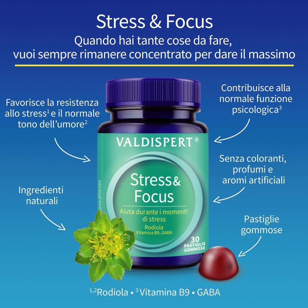 Flacone VALDISPERT® Stress & Focus con testo e illustrazioni. Contiene 30 caramelle gommose. Contiene Rodiola, Vitamina B9 e GABA.