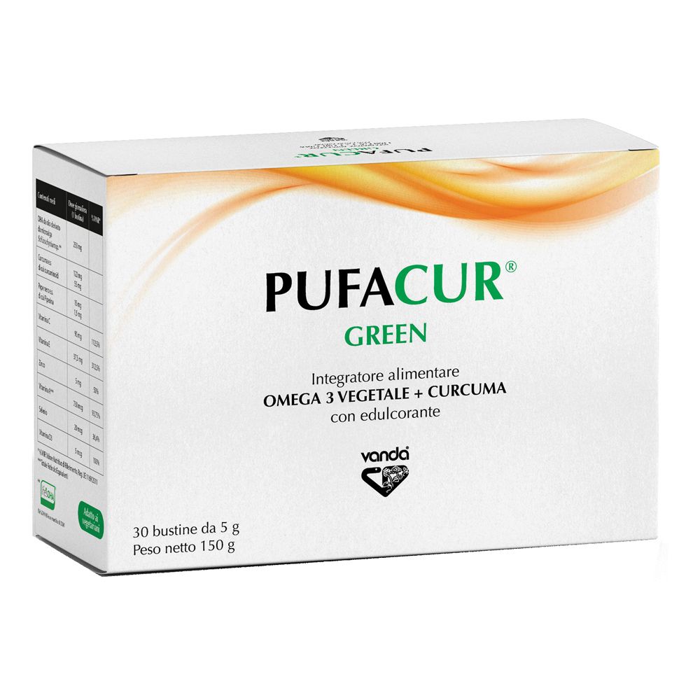 Scatola bianca "PUFACUR GREEN". Contiene 30 bustine. Scritto: Omega 3 vegetale + Curcuma con edulcorante.
