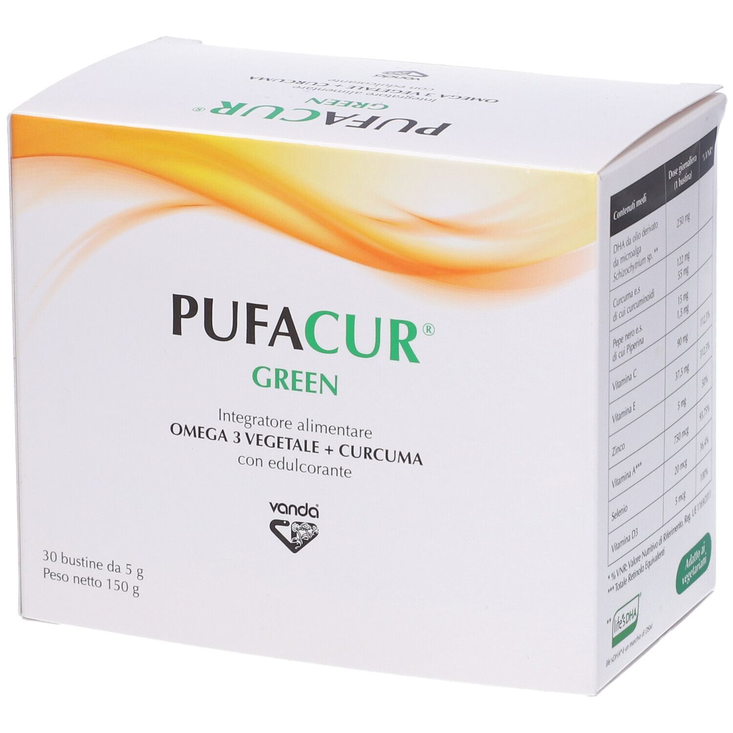 Scatola bianca "PUFACUR GREEN". Contiene 30 bustine. Scritto: Omega 3 vegetale + Curcuma con edulcorante.