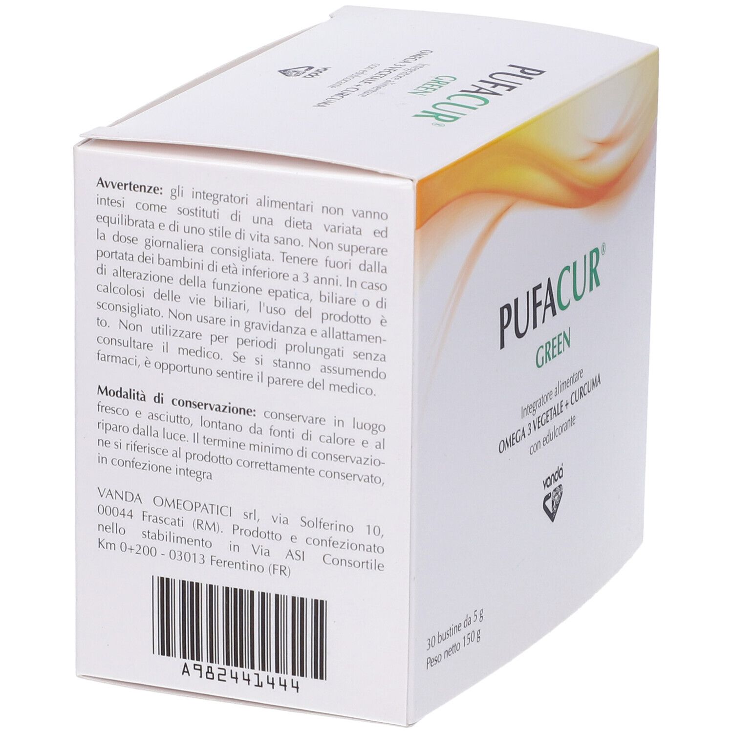 Scatola bianca "PUFACUR GREEN". Contiene 30 bustine. Scritto: Omega 3 vegetale + Curcuma con edulcorante.