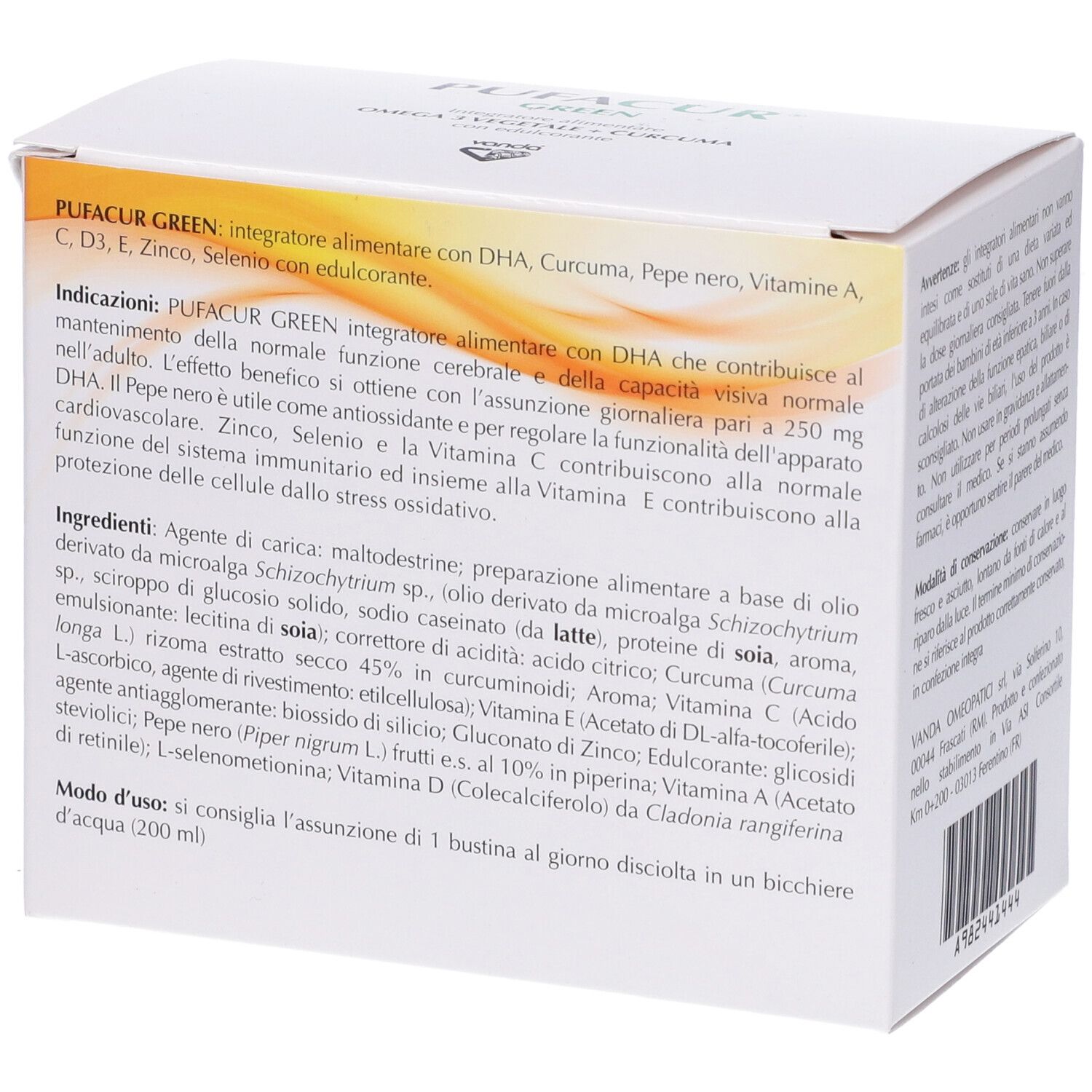 Scatola bianca "PUFACUR GREEN". Contiene 30 bustine. Scritto: Omega 3 vegetale + Curcuma con edulcorante.