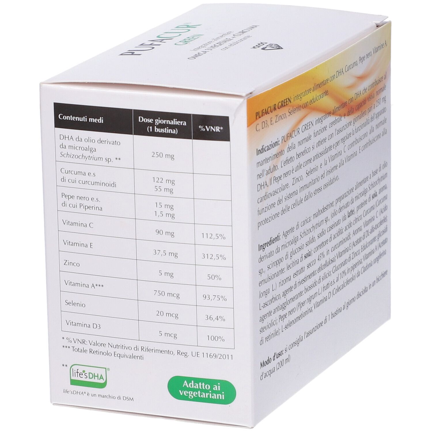 Scatola bianca "PUFACUR GREEN". Contiene 30 bustine. Scritto: Omega 3 vegetale + Curcuma con edulcorante.