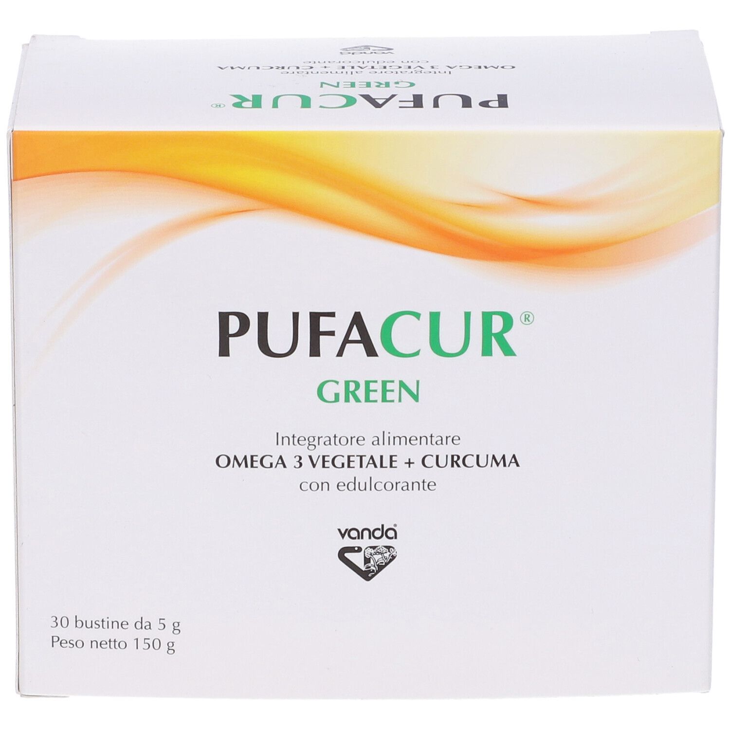 Scatola bianca "PUFACUR GREEN". Contiene 30 bustine. Scritto: Omega 3 vegetale + Curcuma con edulcorante.