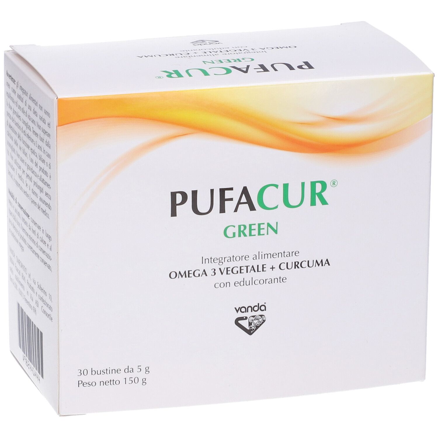 Scatola bianca "PUFACUR GREEN". Contiene 30 bustine. Scritto: Omega 3 vegetale + Curcuma con edulcorante.