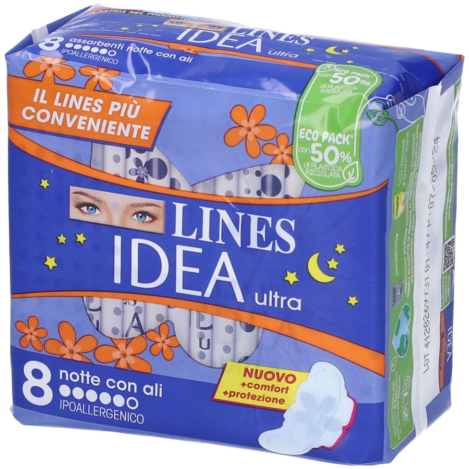 Confezione Lines Idea Ultra Notte Assorbenti da 8 pezzi, confezione blu con immagine del prodotto e testo.