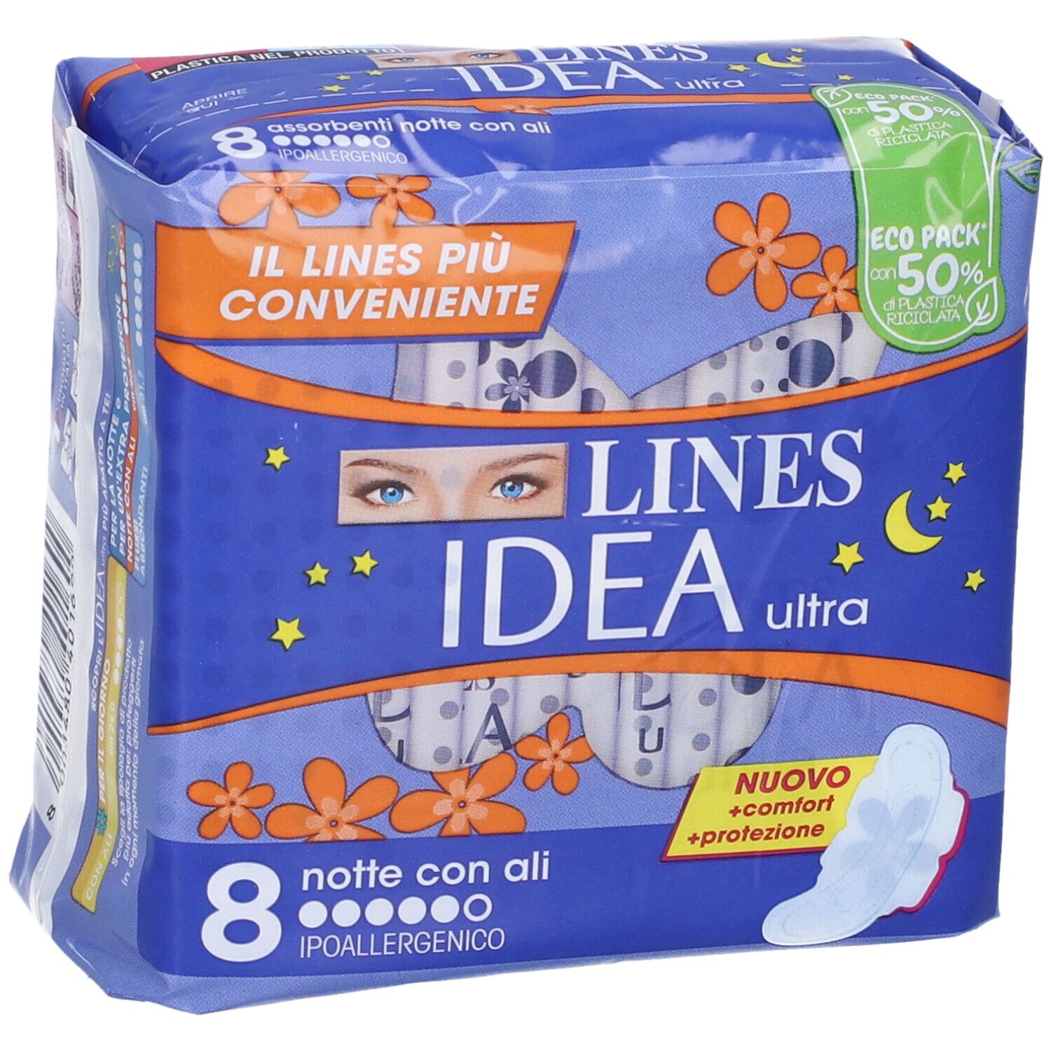 Confezione Lines Idea Ultra Notte Assorbenti da 8 pezzi, confezione blu con immagine del prodotto e testo.
