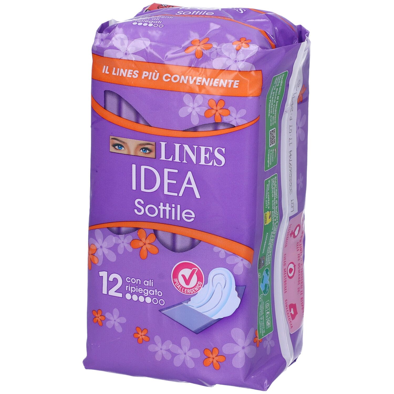 Confezione di Lines Idea Sottile con Ali. Confezione viola con immagine del prodotto e testo. 12 pezzi.