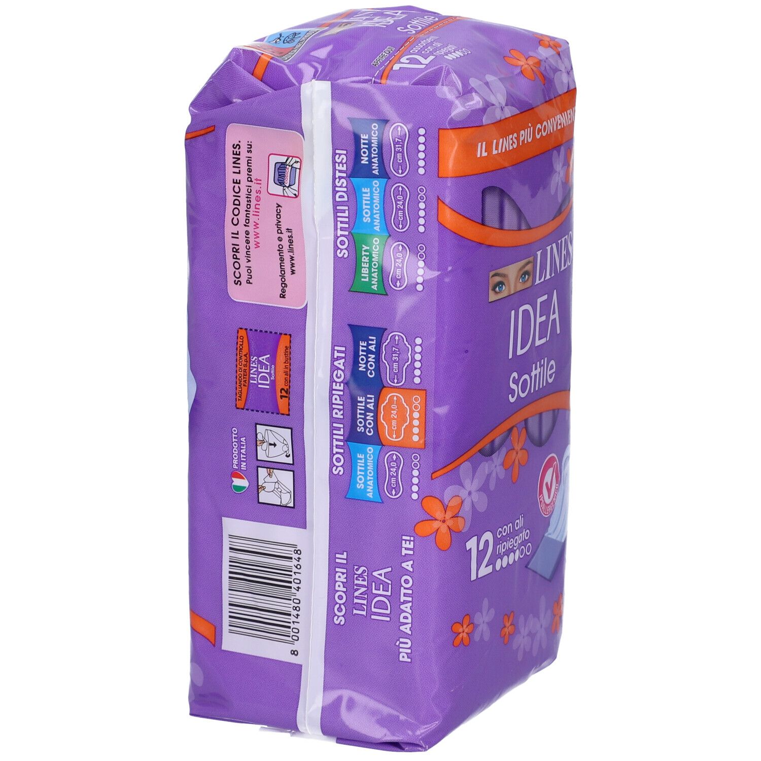 Vista laterale della confezione Lines Idea Sottile con Ali. Confezione viola con informazioni e testo. 12 pezzi.