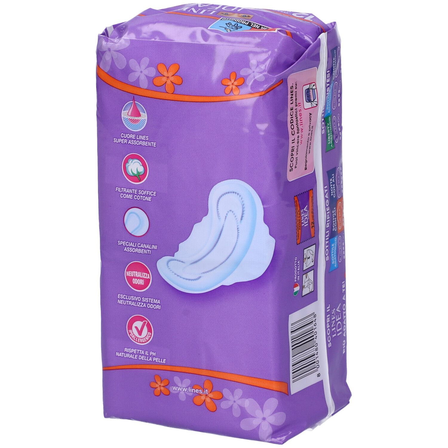 Retro della confezione Lines Idea Sottile con Ali. Confezione viola con immagine del prodotto e testo. 12 pezzi.