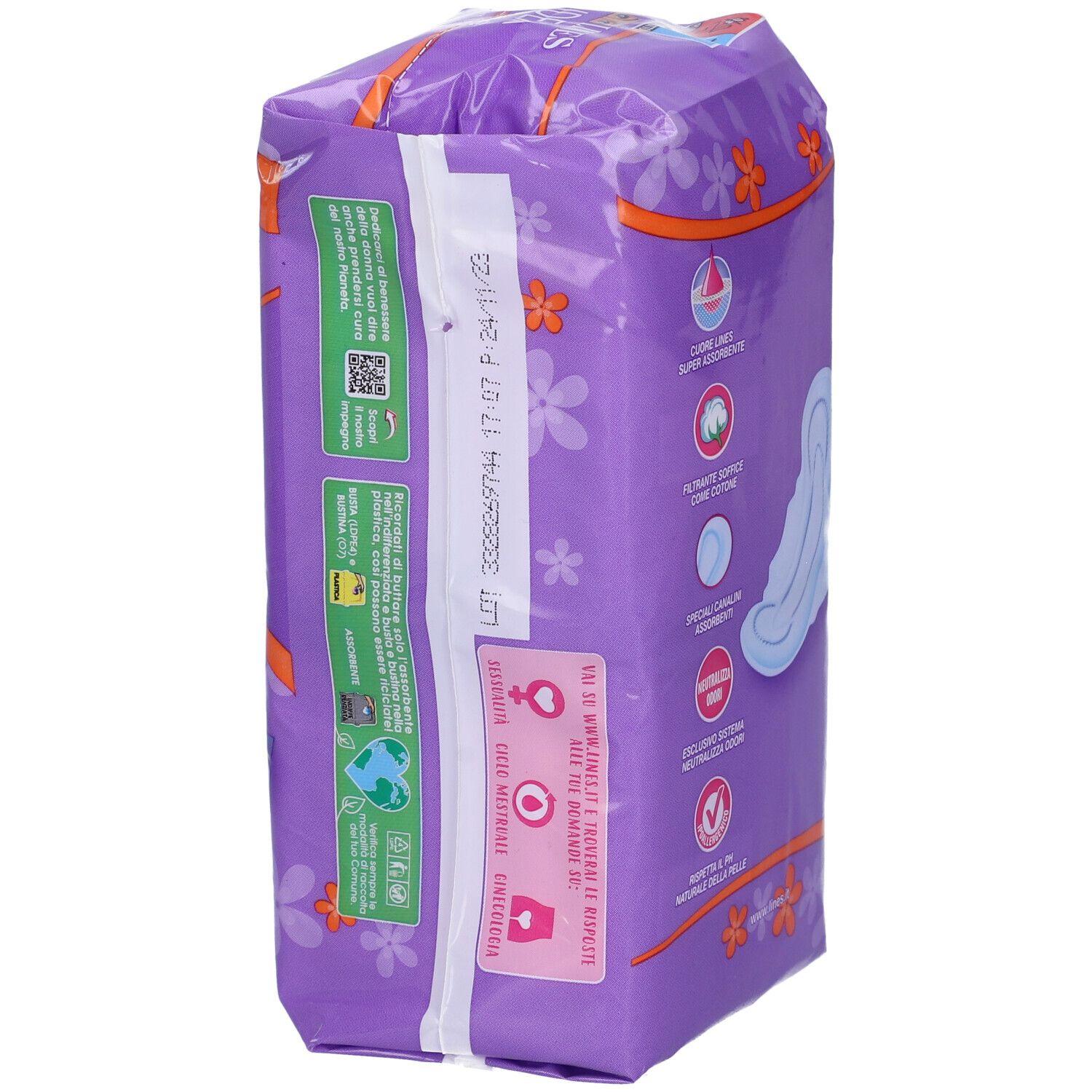 Retro della confezione Lines Idea Sottile con Ali. Confezione viola con informazioni e testo. 12 pezzi.