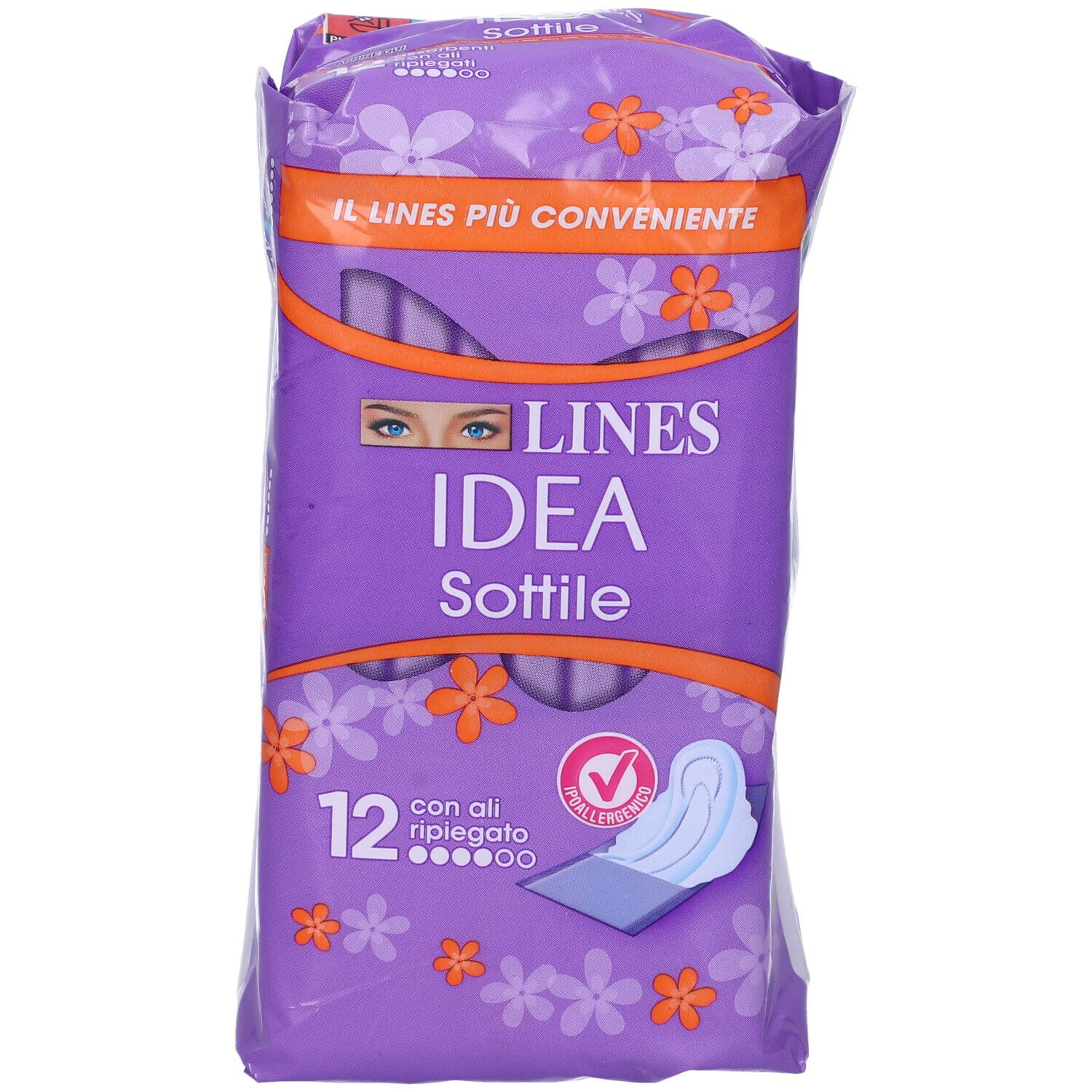Vista frontale della confezione Lines Idea Sottile con Ali. Confezione viola con immagine del prodotto e testo. 12 pezzi.