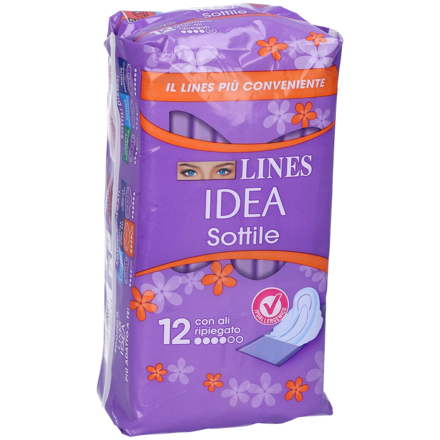 Vista frontale della confezione Lines Idea Sottile con Ali. Confezione viola con immagine del prodotto e testo. 12 pezzi.