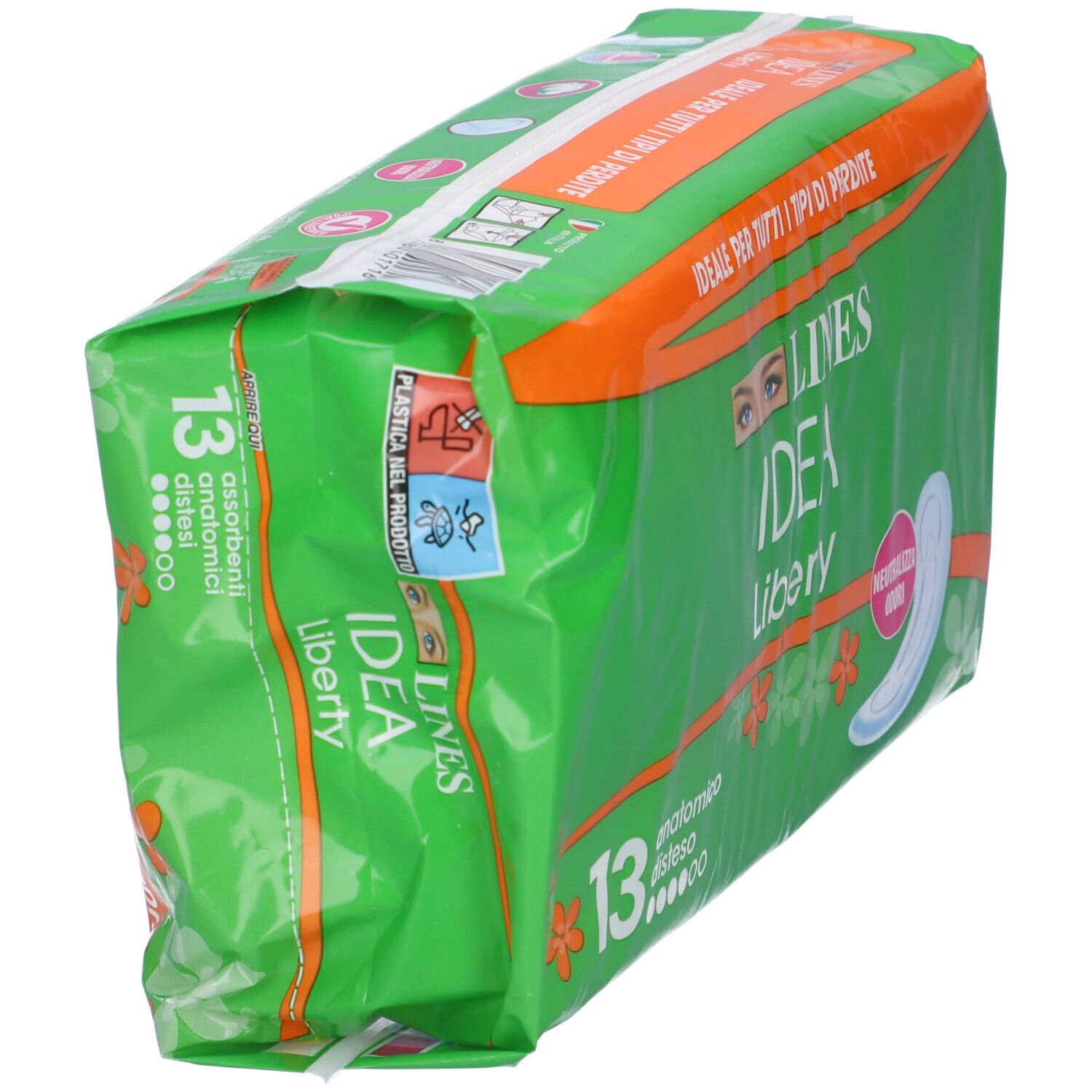Schräg gestellte grüne Verpackung 'LINES IDEA Liberty'. Enthält 13 anatomische Binden. Orangefarbene Akzente.