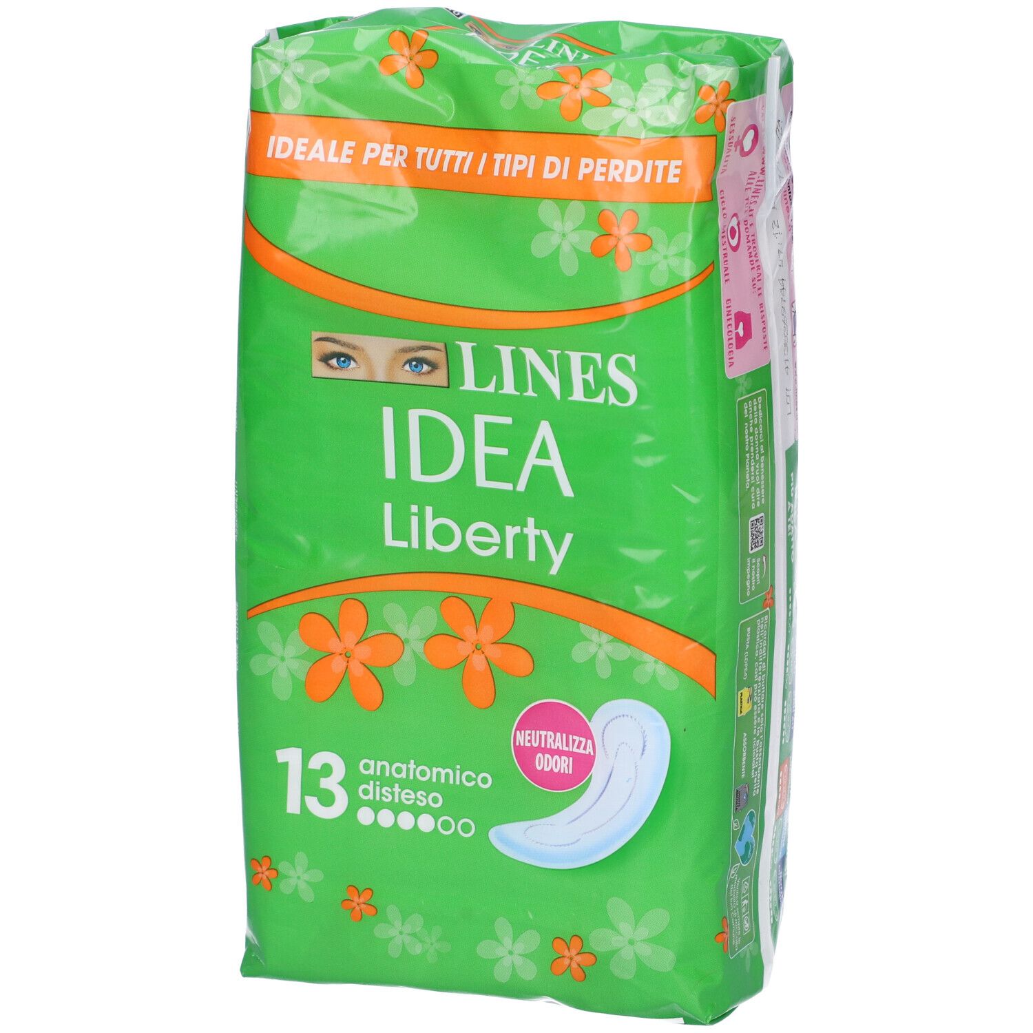 Grüne Verpackung 'LINES IDEA Liberty' mit 13 anatomischen Binden. Orangefarbene Akzente und Blumenmuster.
