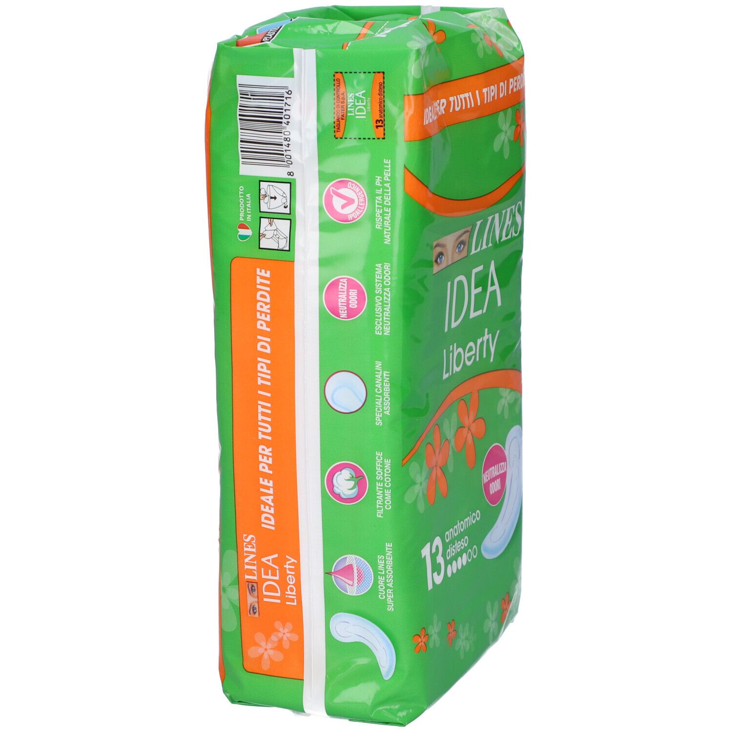 Grüne Verpackung 'LINES IDEA Liberty' mit 13 anatomischen Binden. Details und Text auf der Seite.