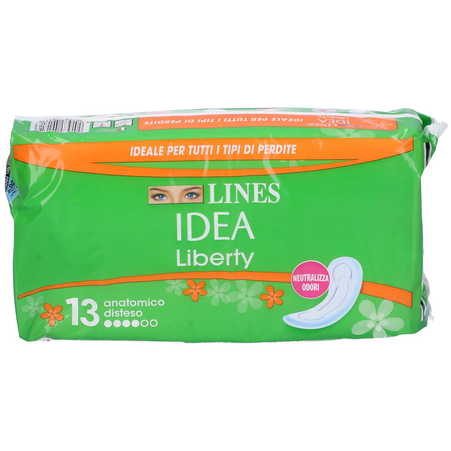 Grüne Verpackung 'LINES IDEA Liberty' mit 13 anatomischen Binden. Orangefarbene Akzente und Blumenmuster.