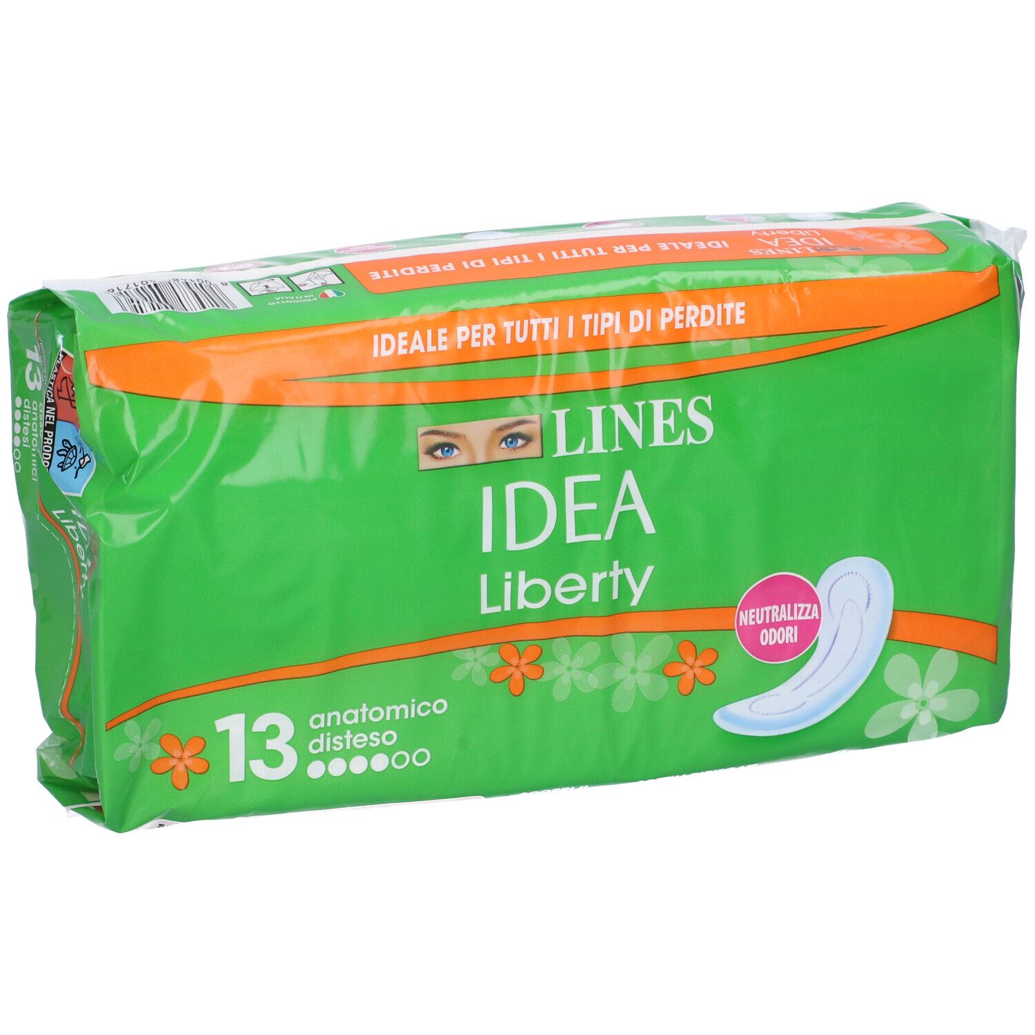 Grüne Verpackung 'LINES IDEA Liberty' mit 13 anatomischen Binden. Orangefarbene Akzente und Blumenmuster.
