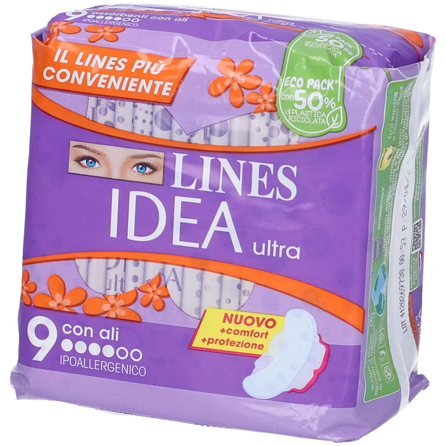 Verpackung von Lines Idea Ultra con Ali. Lila Verpackung mit Produktabbildung und Text. 9 Stück mit Flügeln, hypoallergen.