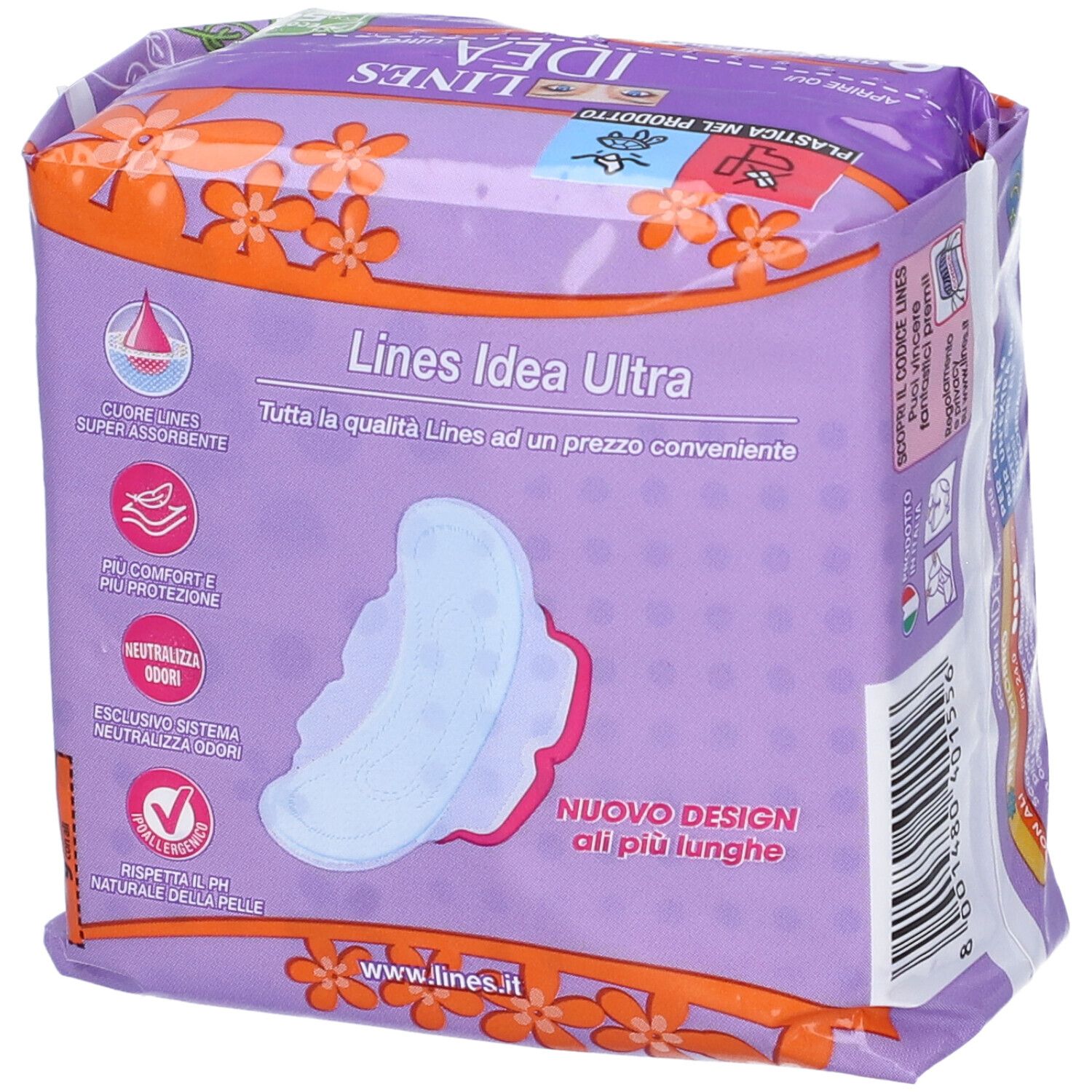 Rückseite der Lines Idea Ultra con Ali Verpackung. Lila Verpackung mit Produktabbildung und Text. Mit Flügeln, super saugfähig.