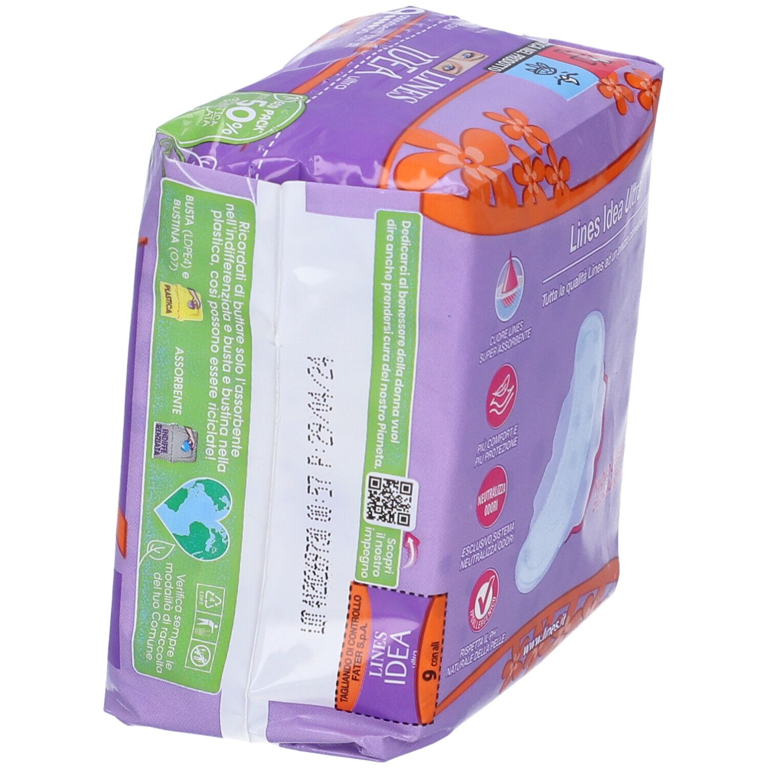Lines Idea Ultra con Ali Verpackung, Seitenansicht. Lila Verpackung mit Text und Produktinformationen. 9 Stück mit Flügeln.