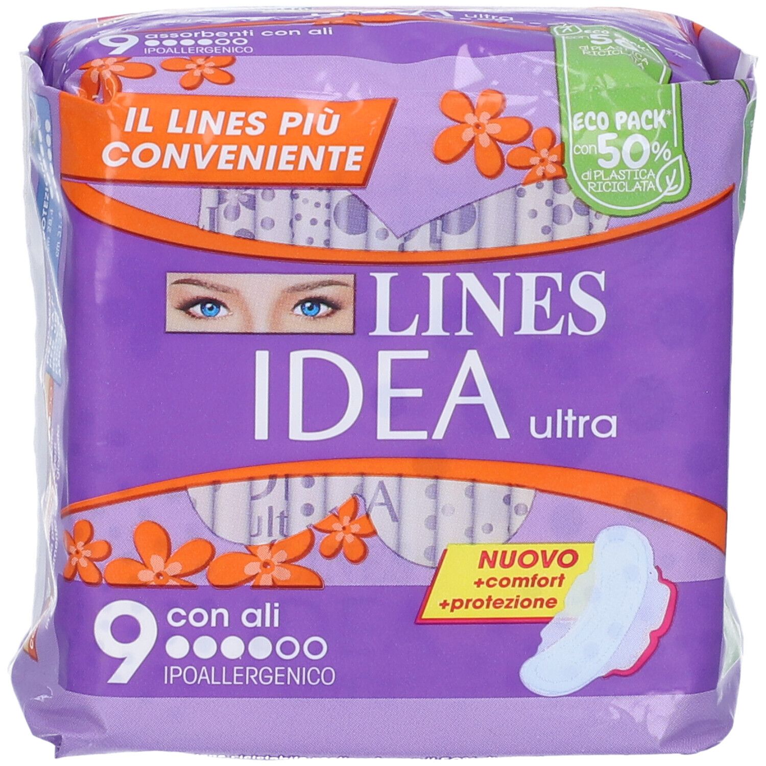 Lines Idea Ultra con Ali Verpackung. Lila Verpackung mit Produktabbildung und Text. 9 Stück mit Flügeln, hypoallergen.