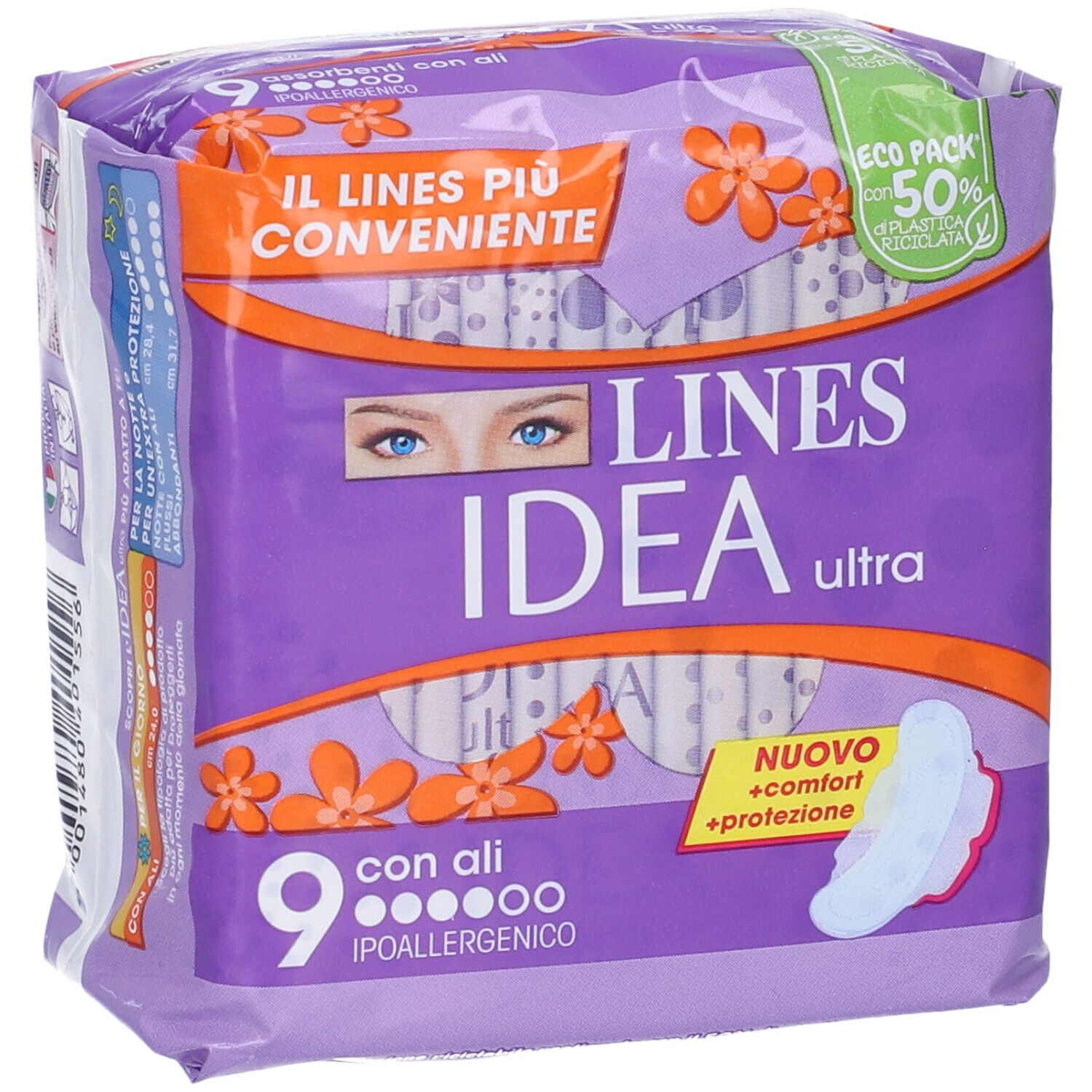 Lines Idea Ultra con Ali Verpackung. Lila Verpackung mit Produktabbildung und Text. 9 Stück mit Flügeln, hypoallergen.